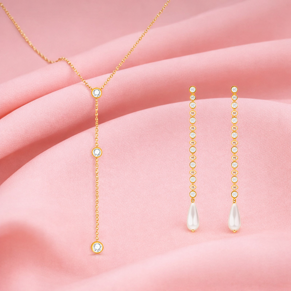18K Gold Plated Multi Layered Y Necklace and Pearl Drop Earrings Jewelry Set