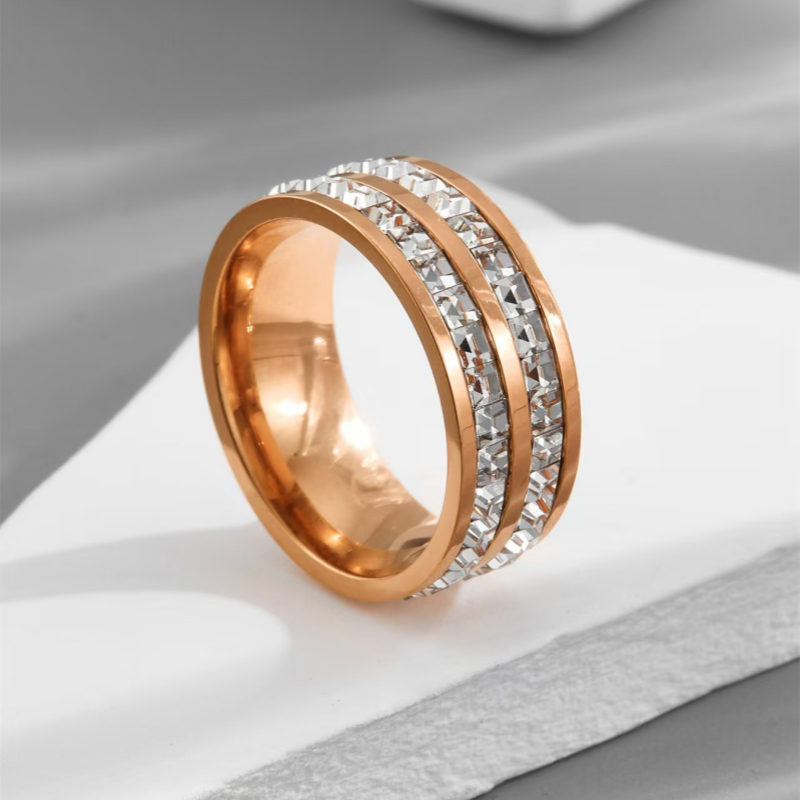 18K Gold Plated Twin Luxe CZ Studded Band Ring - Rose Gold