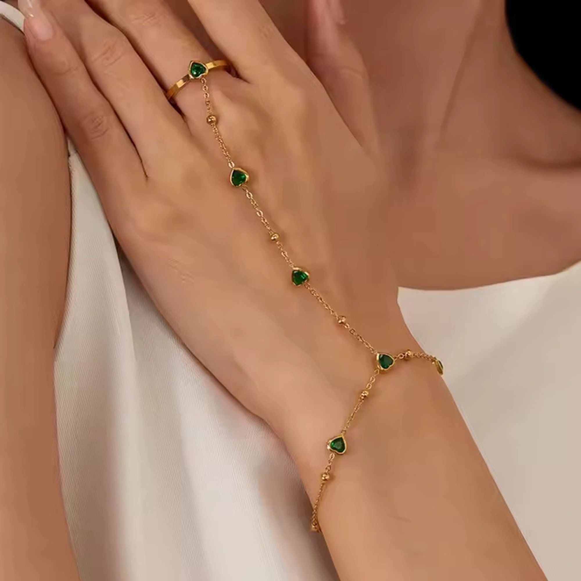 18K Gold Plated Green Heart Hand Chain Bracelet Ring