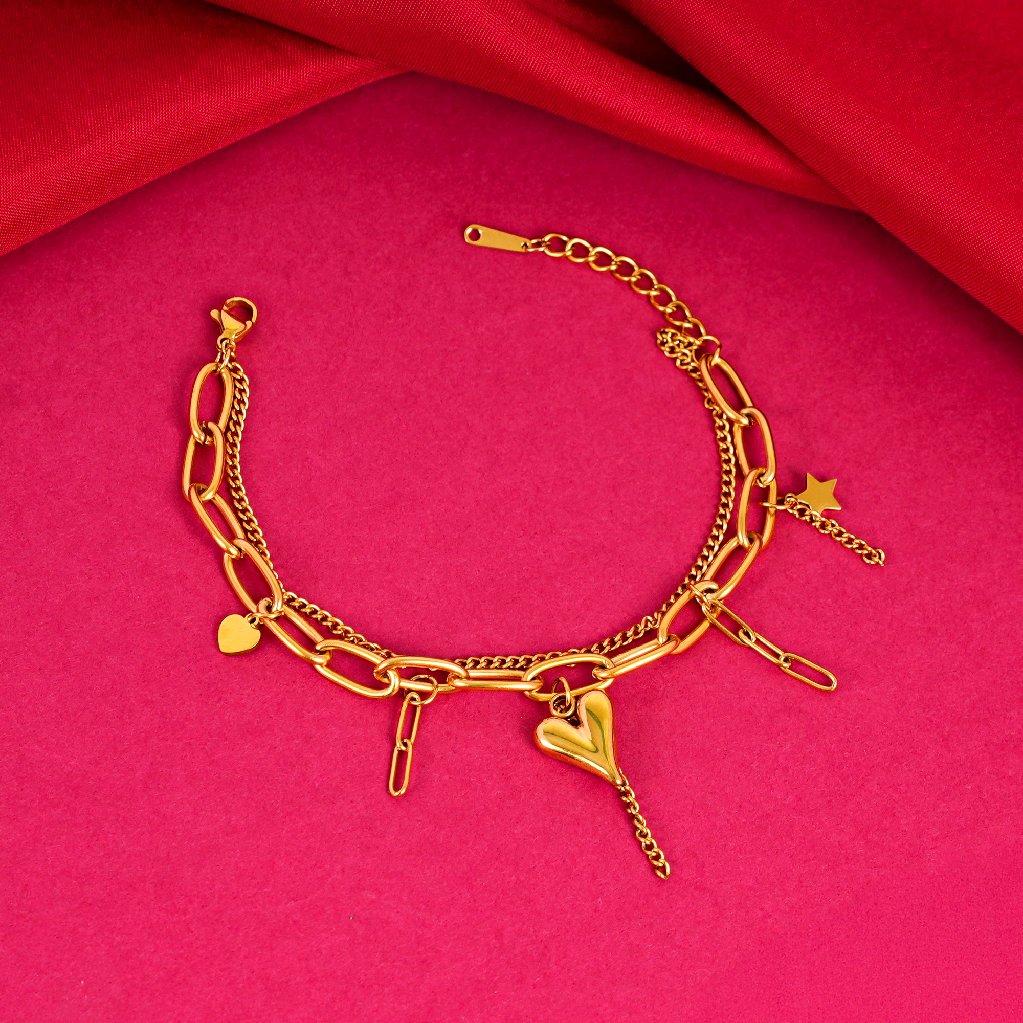 18K Gold Plated Heartstring Layers Heart Charm Bracelet