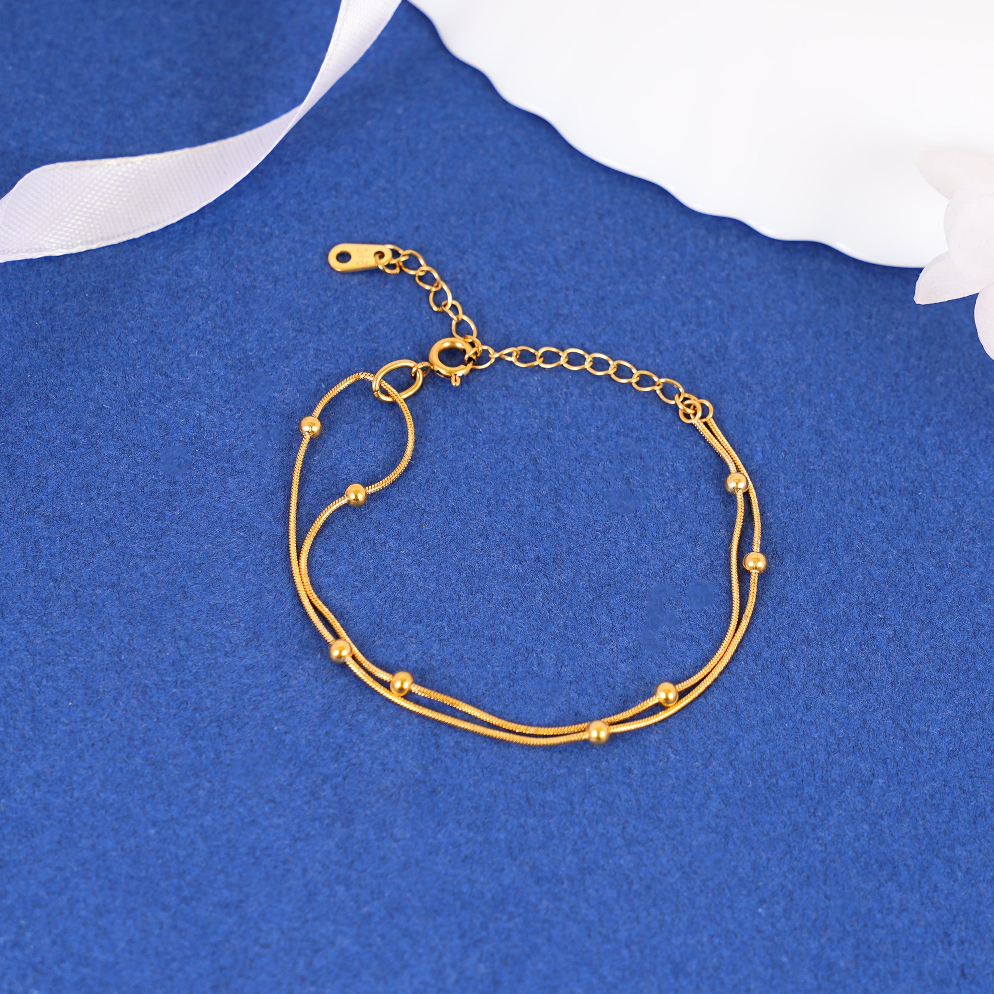 18K Gold Plated Golden Whispers Layered Beaded Snake Chain Bracelet