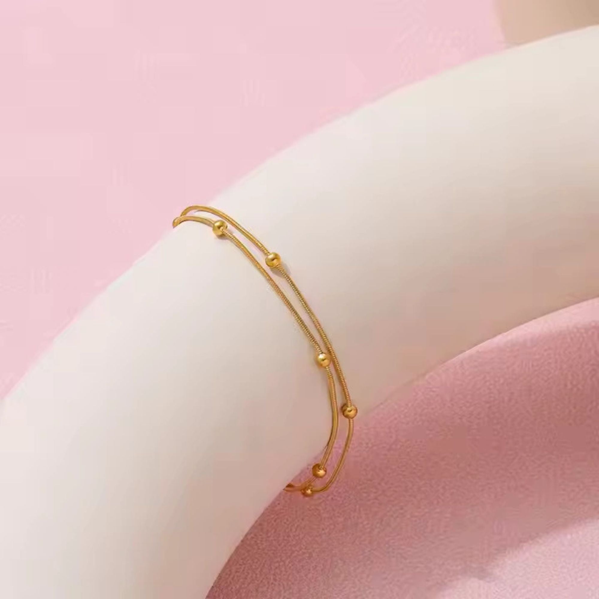 18K Gold Plated Golden Whispers Layered Beaded Snake Chain Bracelet