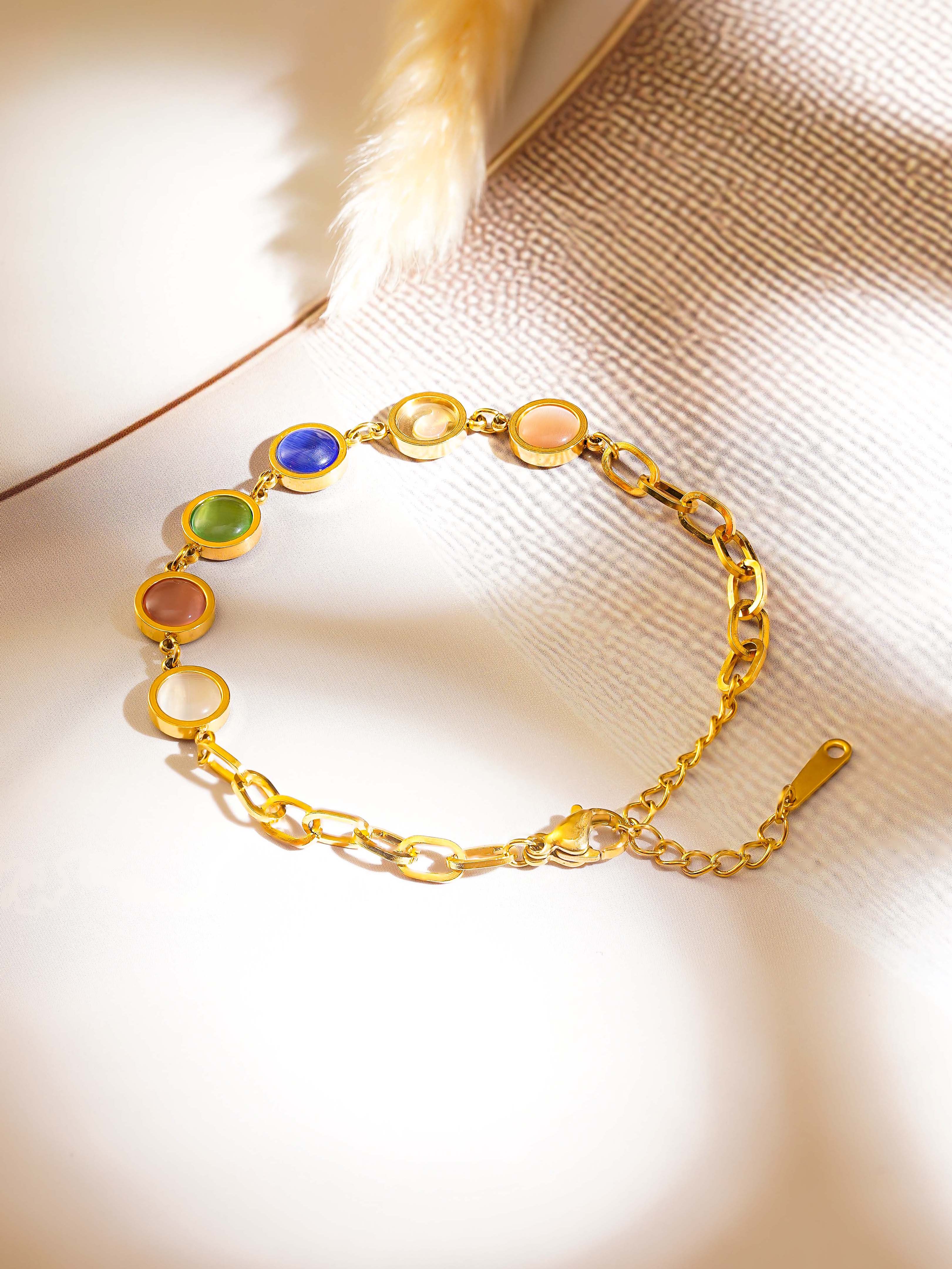 18K Gold Plated Multi Colored Cat Eye Beads Bracelet