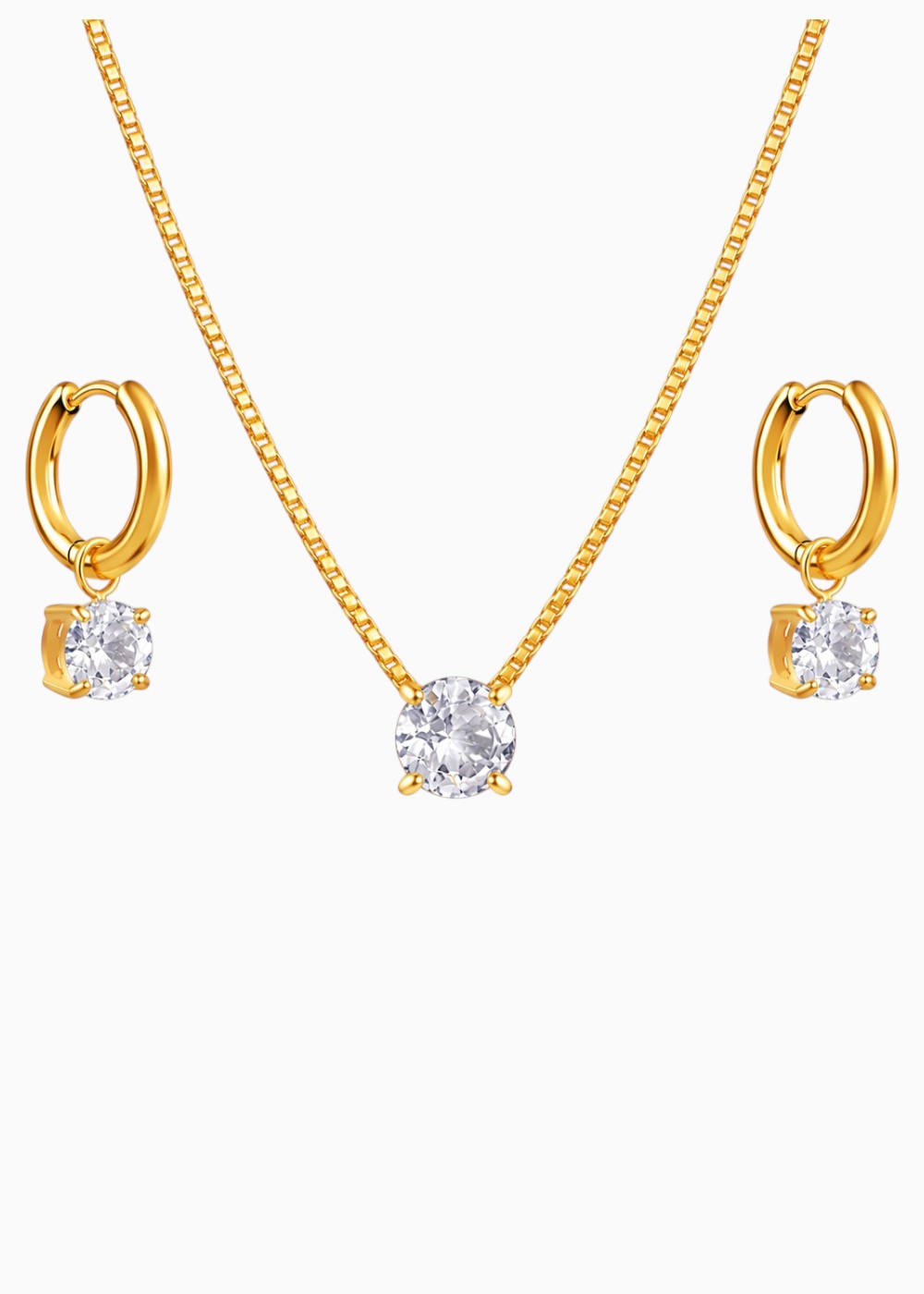 18K Gold Plated Solitaire Pendant Necklace & Hoop Earrings Set for Women