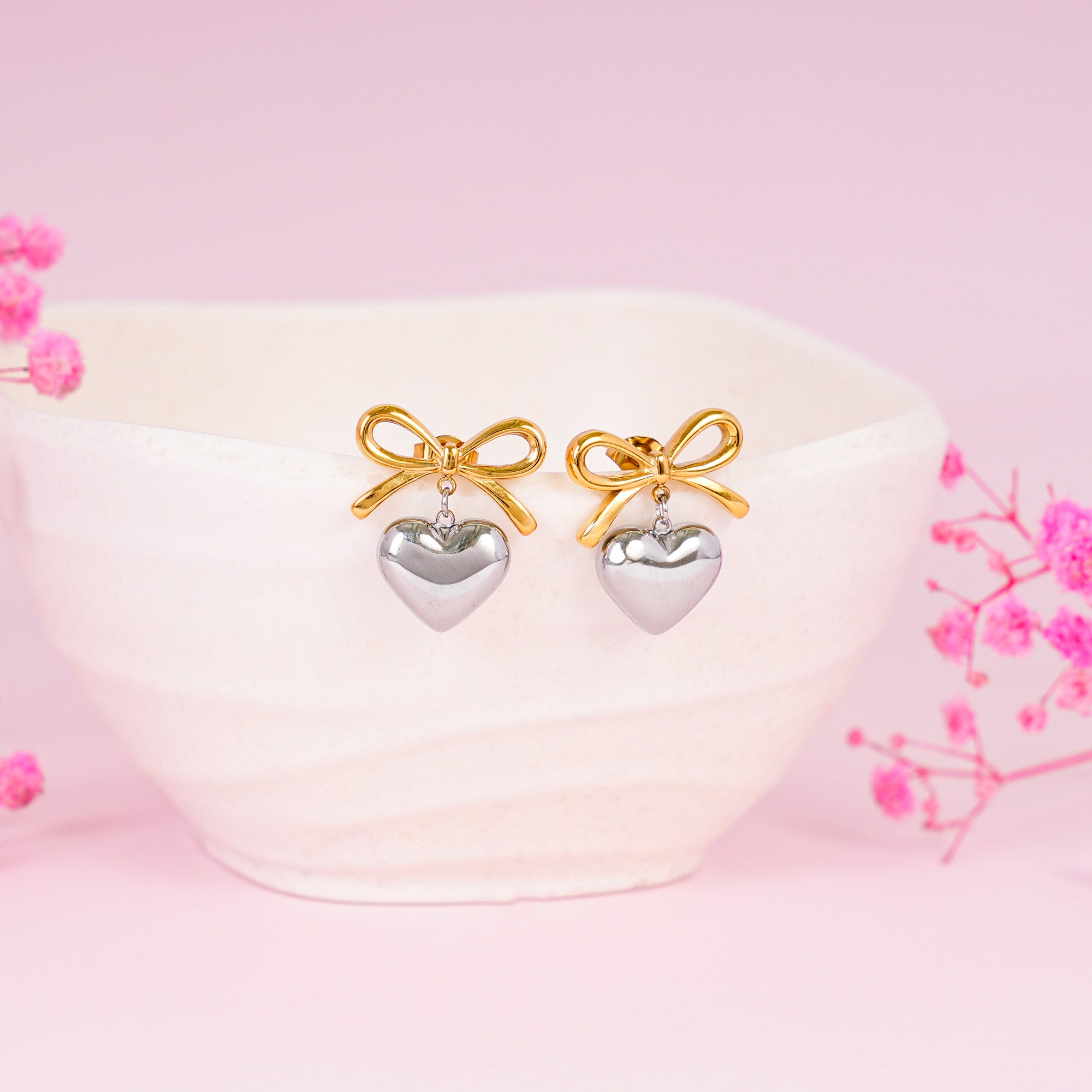 18K Multi Tone Plated Wrapped with Love Heart Bow Earrings - Silver