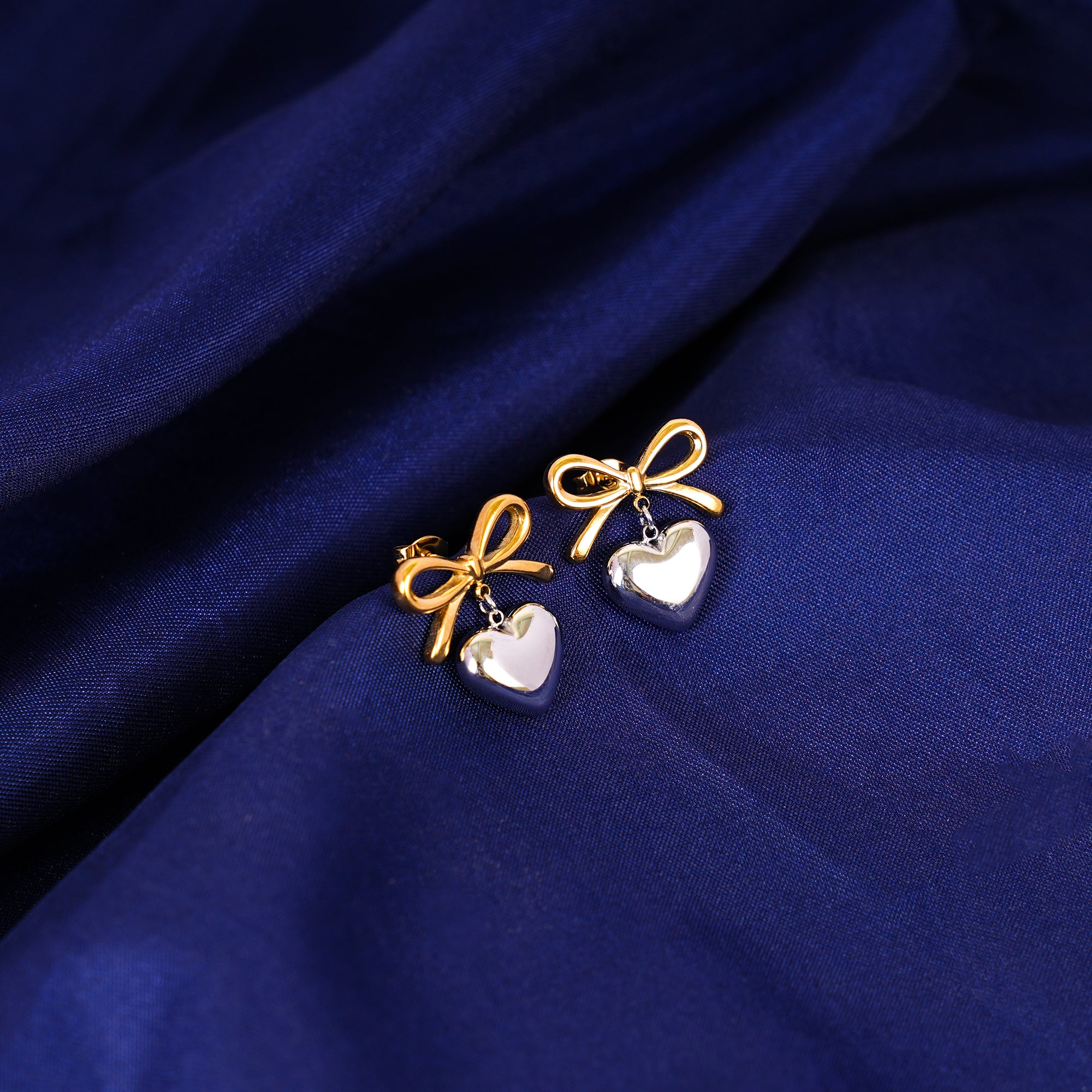 18K Multi Tone Plated Wrapped with Love Heart Bow Earrings - Silver