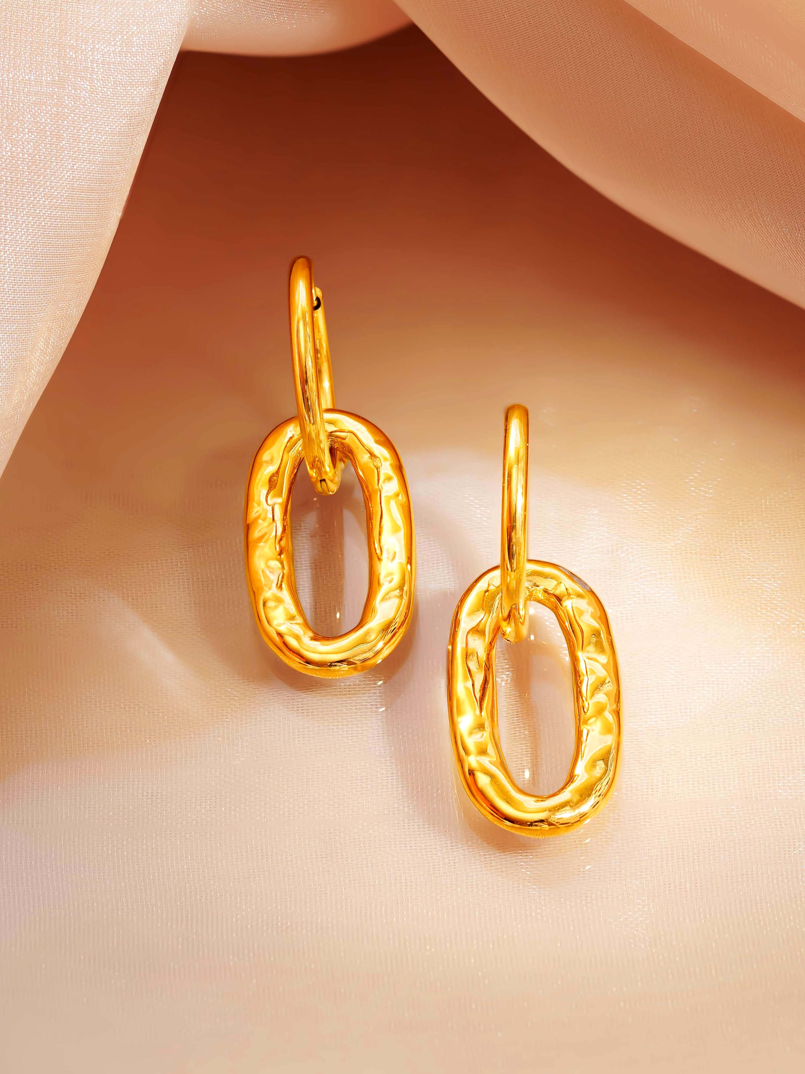 18K Gold Plated Textured Oval Drop Hoop Earrings