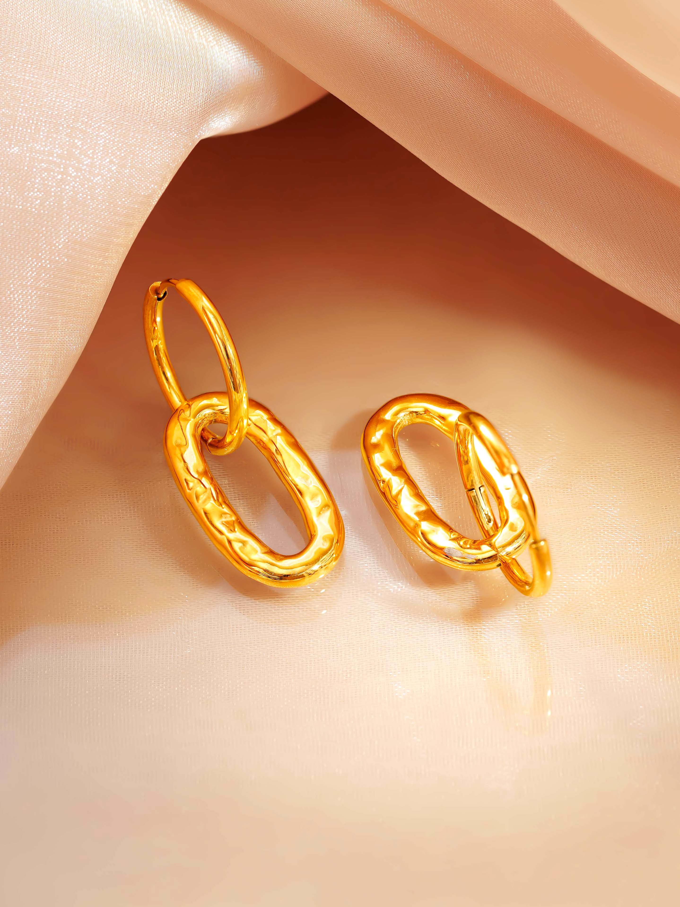 18K Gold Plated Textured Oval Drop Hoop Earrings