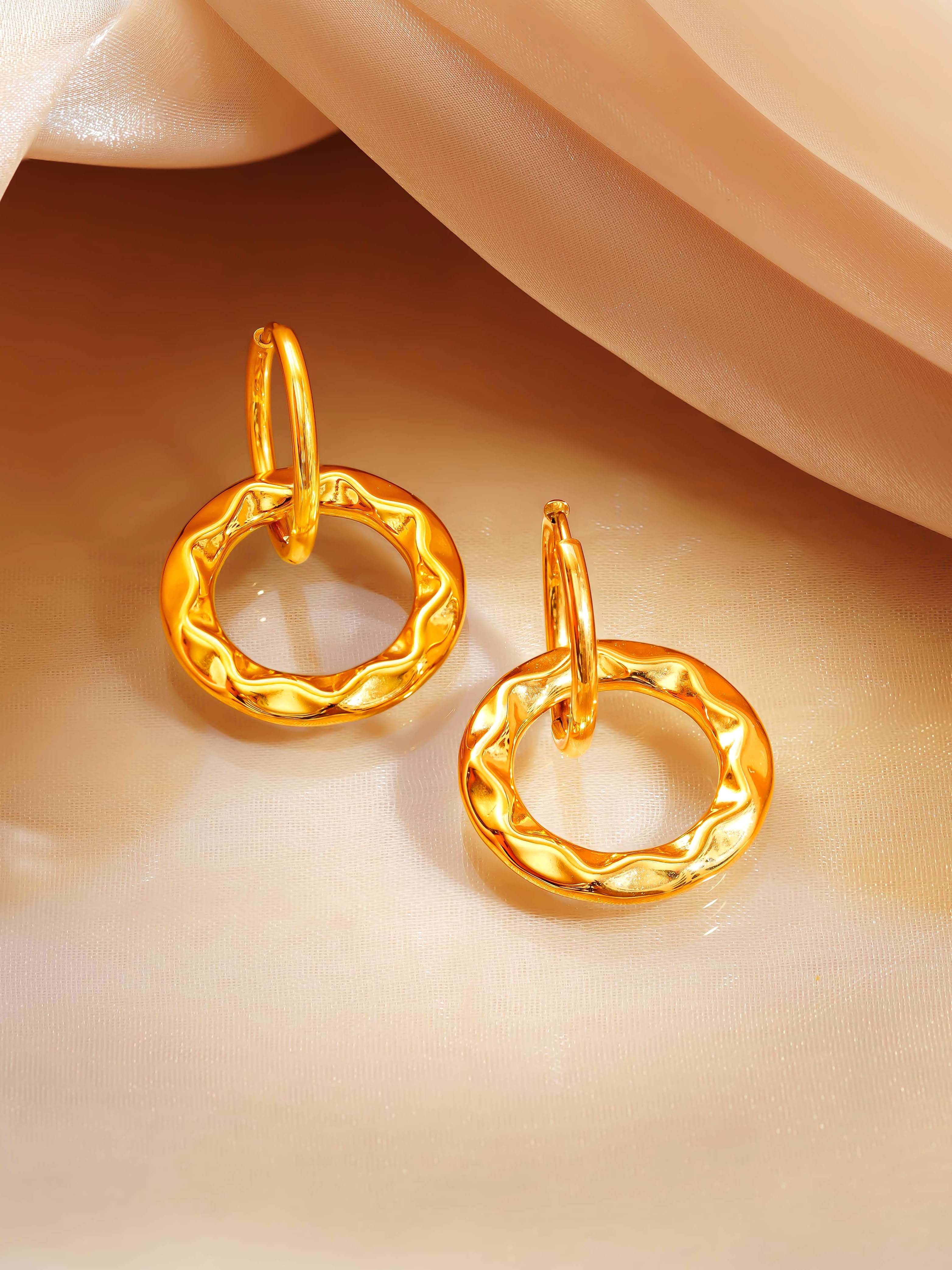 18K Gold Plated Textured Circle Drop Hoop Earrings