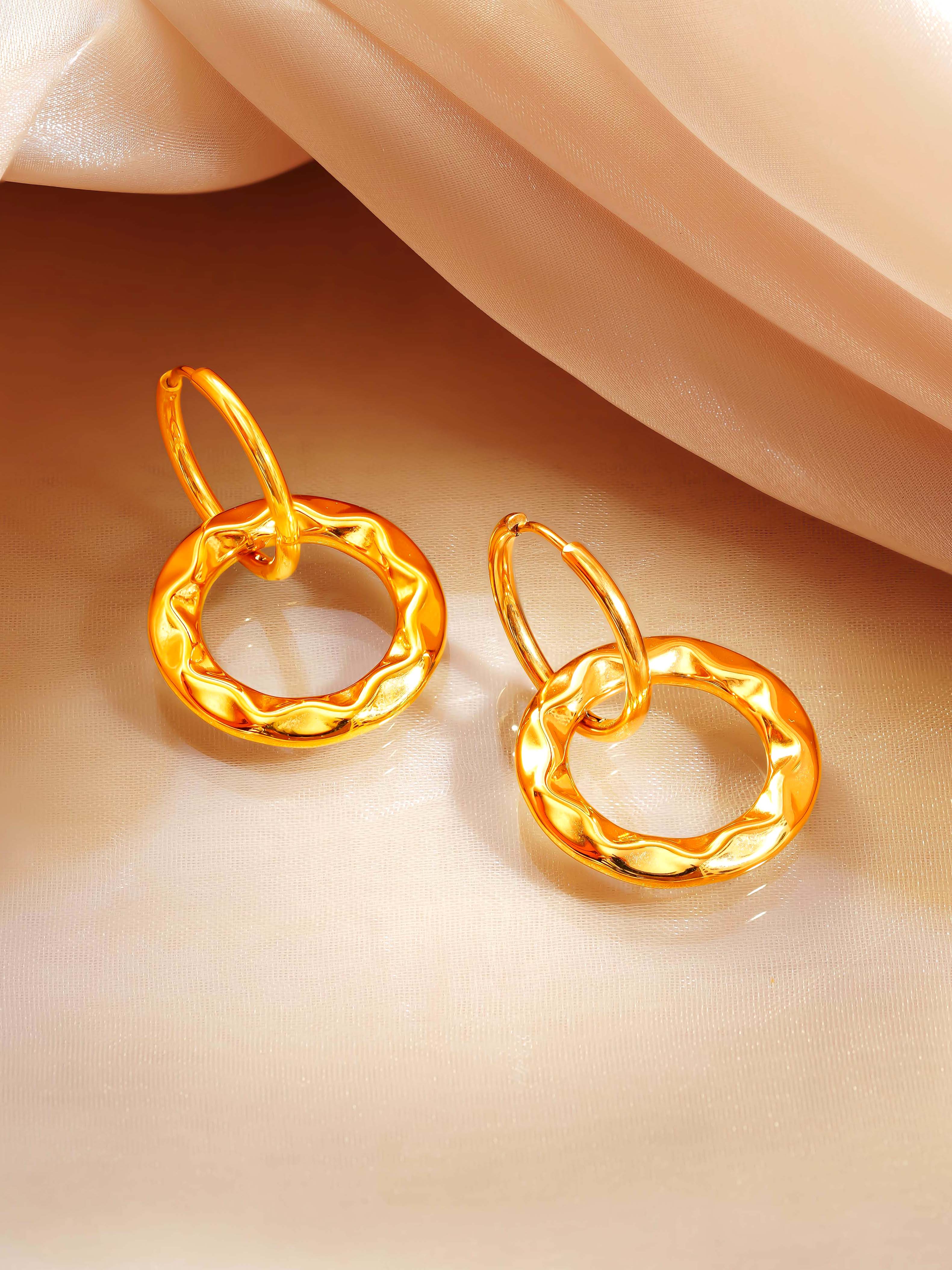 18K Gold Plated Textured Circle Drop Hoop Earrings
