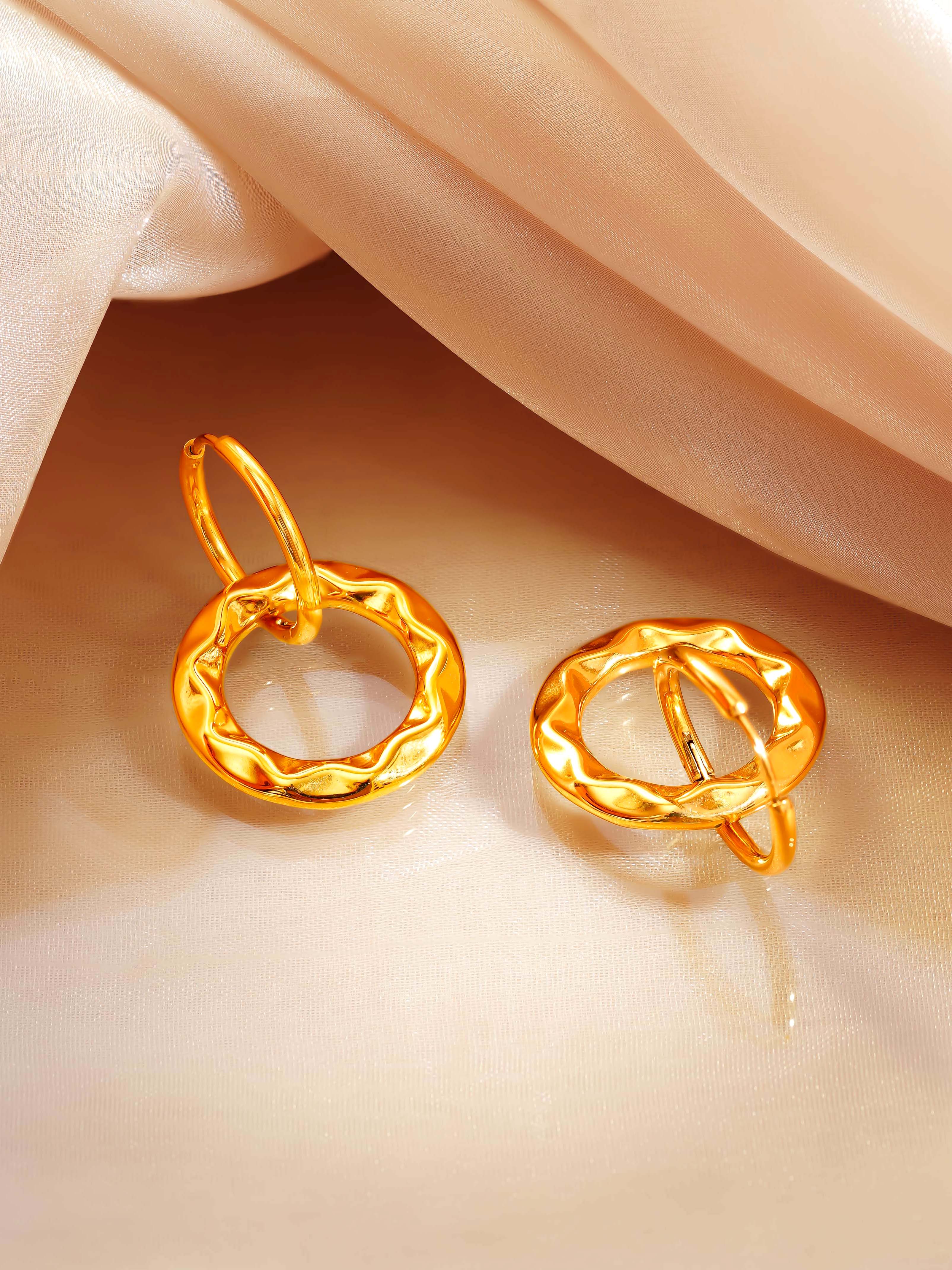 18K Gold Plated Textured Circle Drop Hoop Earrings