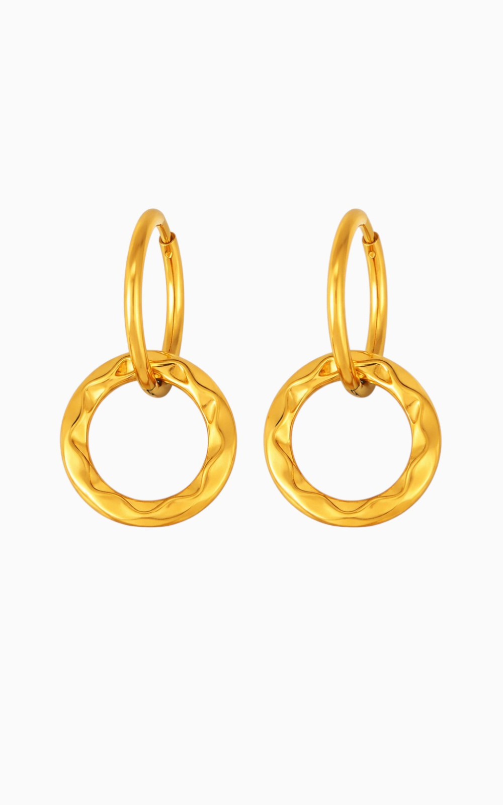 18K Gold Plated Textured Circle Drop Hoop Earrings