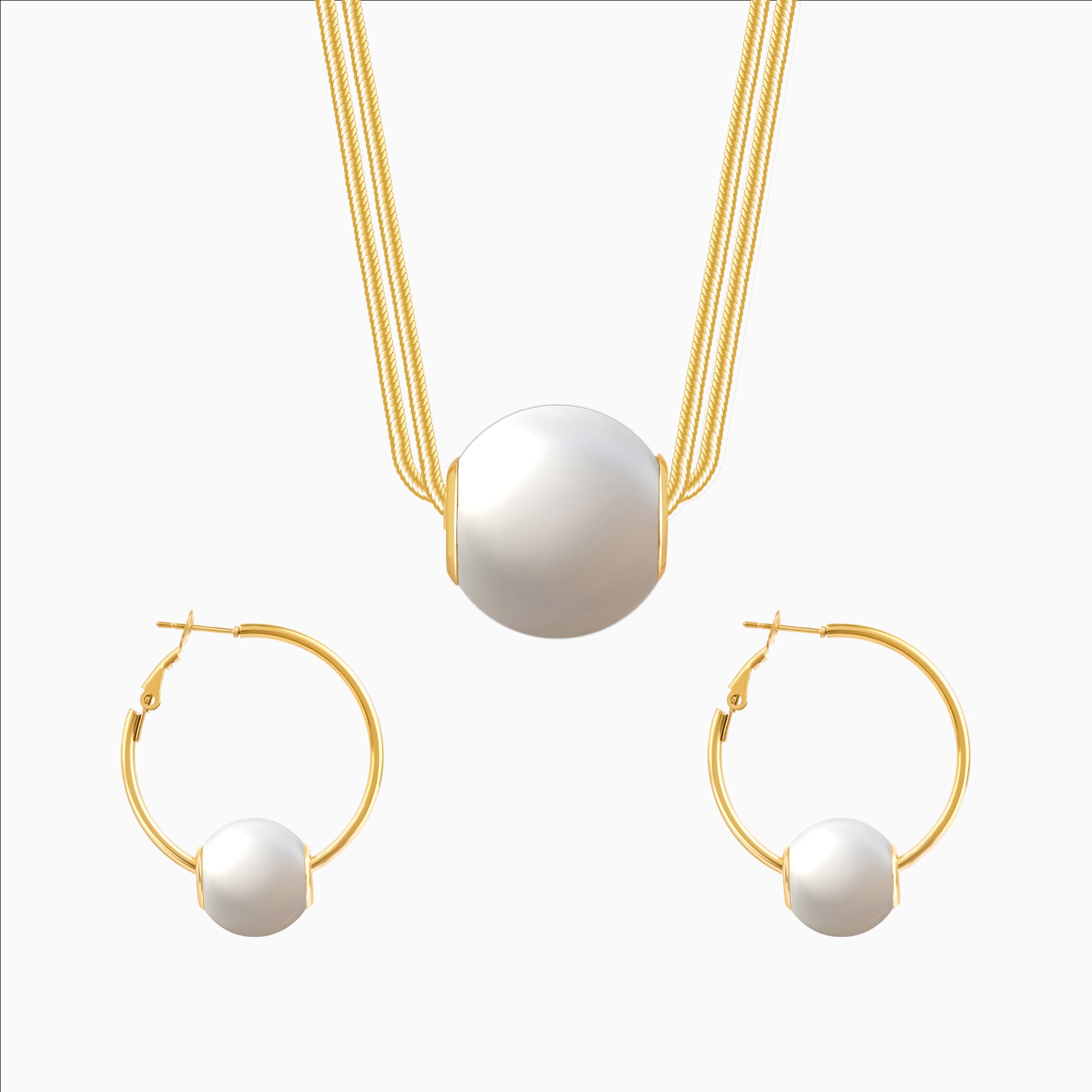 18k gold plated pearl necklace and earrings set on white background