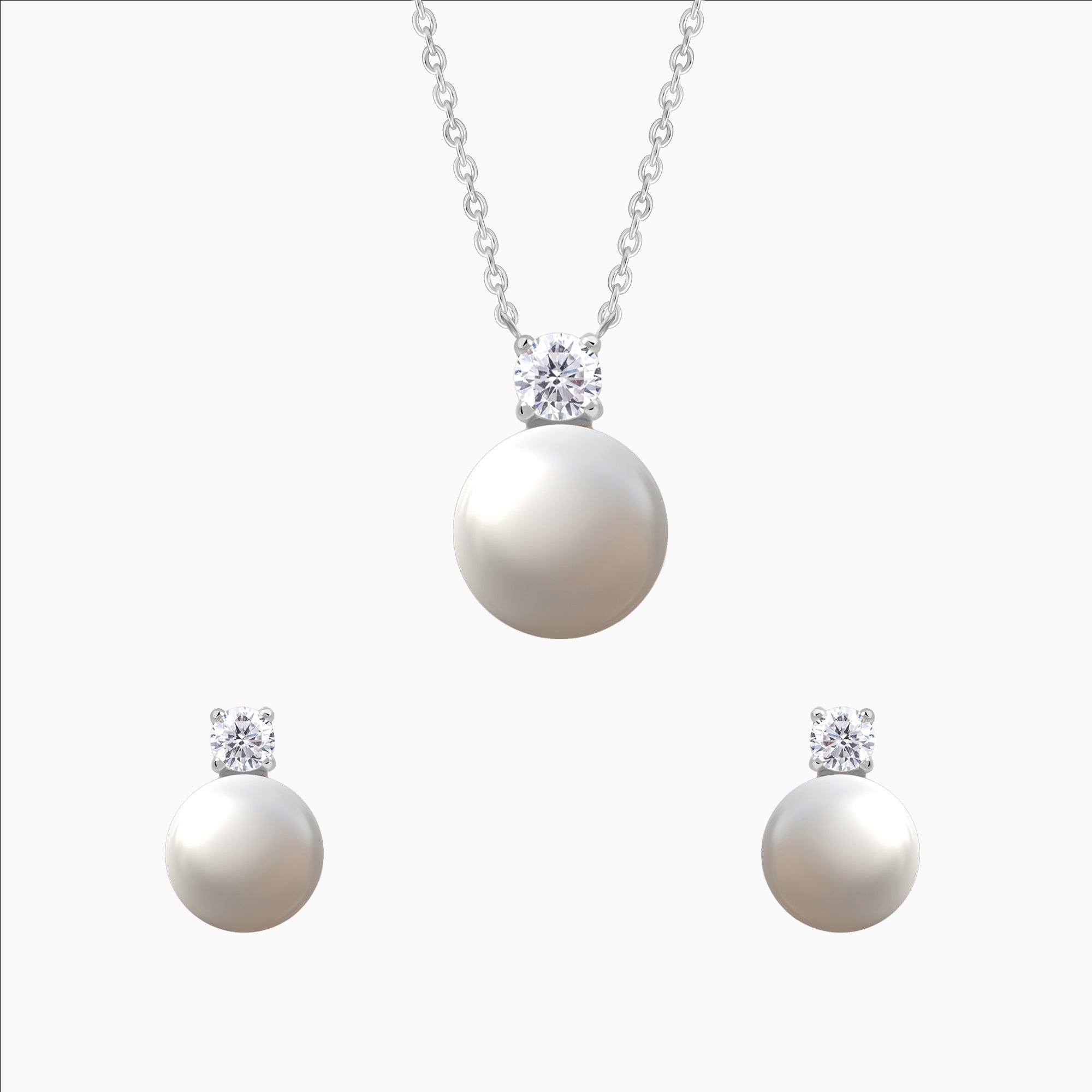 Lustrous Bond pearl necklace and earrings in silver