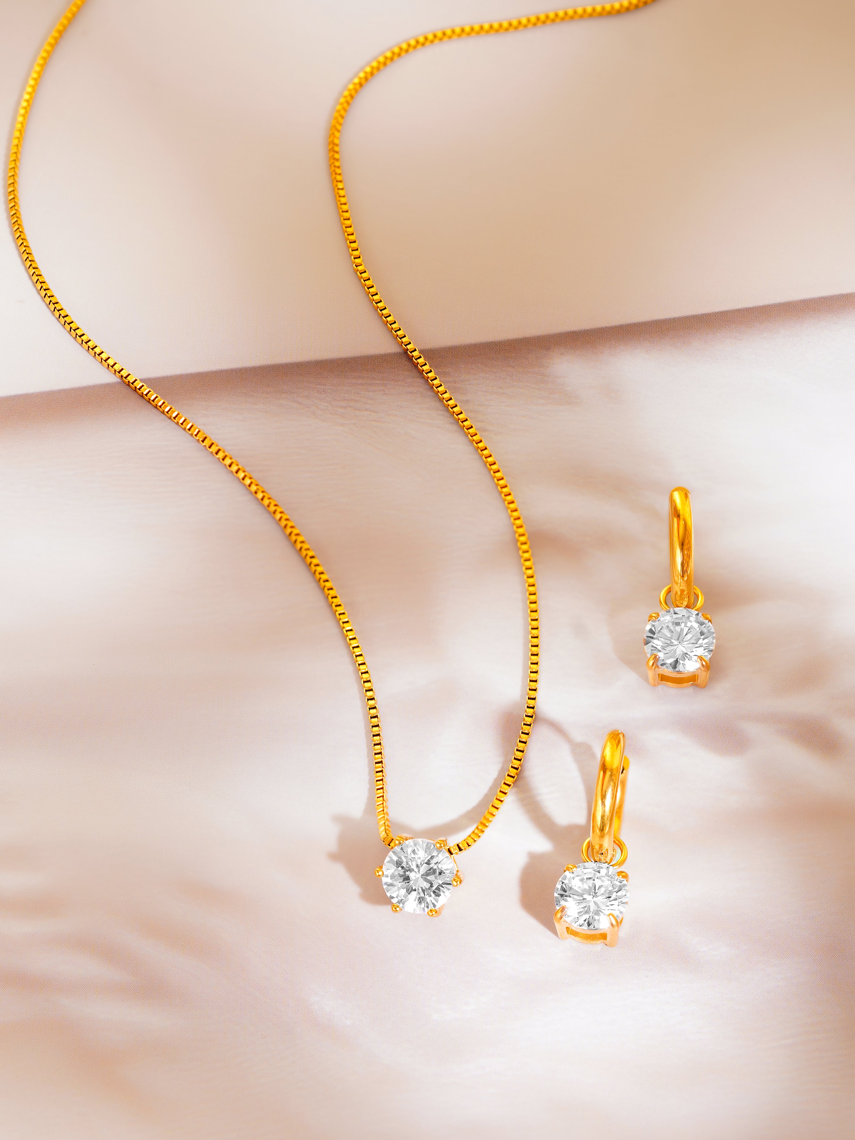 18K Gold Plated Solitaire Pendant Necklace & Hoop Earrings Set for Women