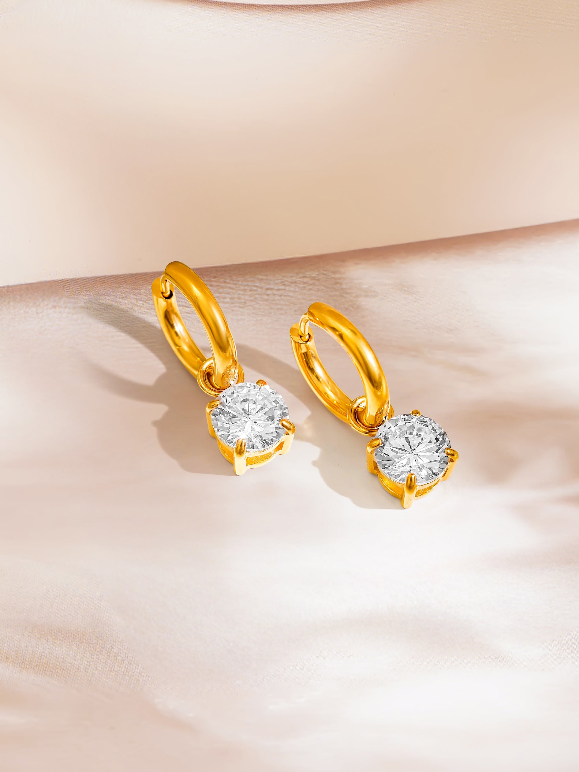 18K Gold Plated Solitaire Pendant Necklace & Hoop Earrings Set for Women