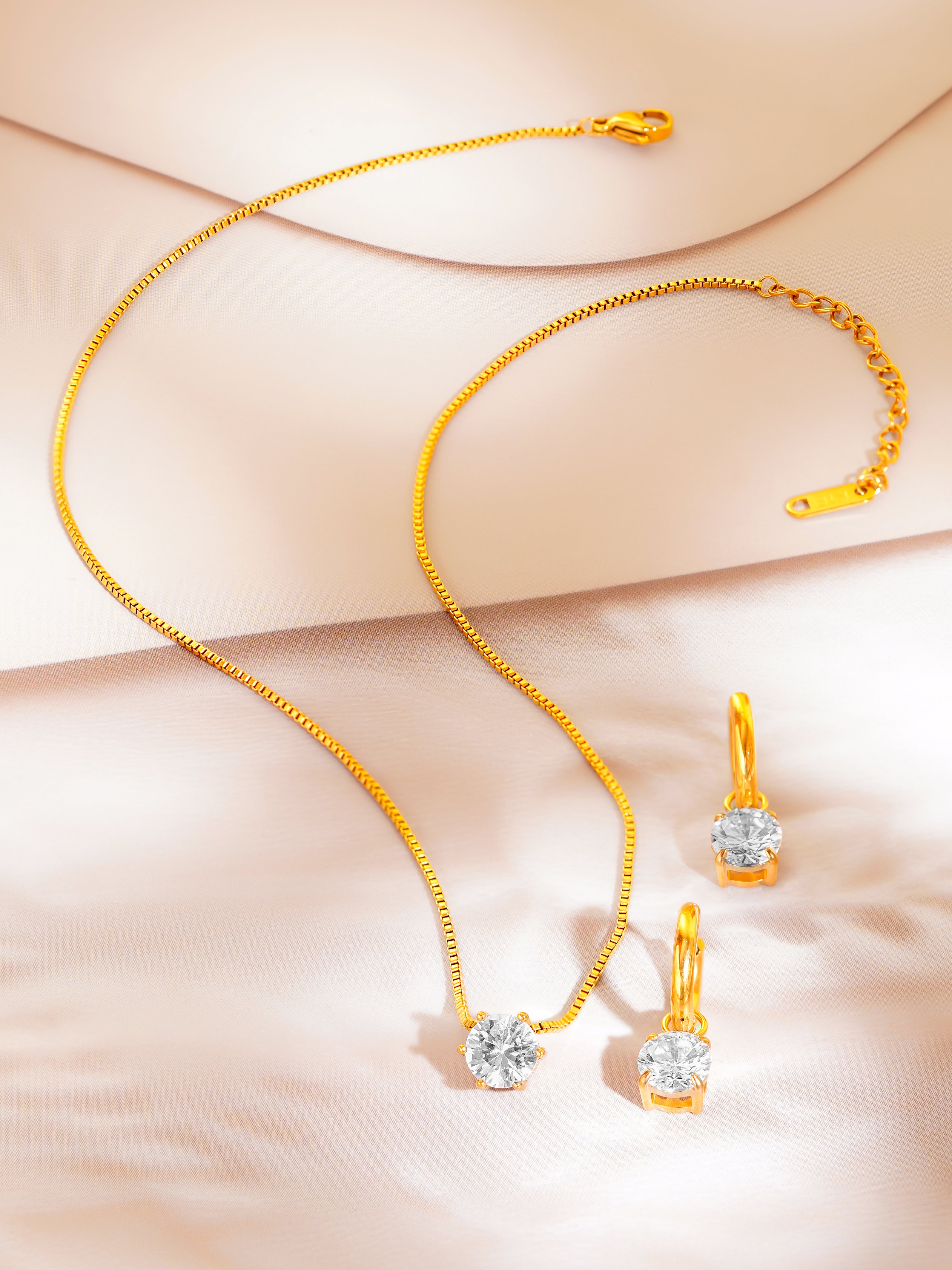 18K Gold Plated Solitaire Pendant Necklace & Hoop Earrings Set for Women