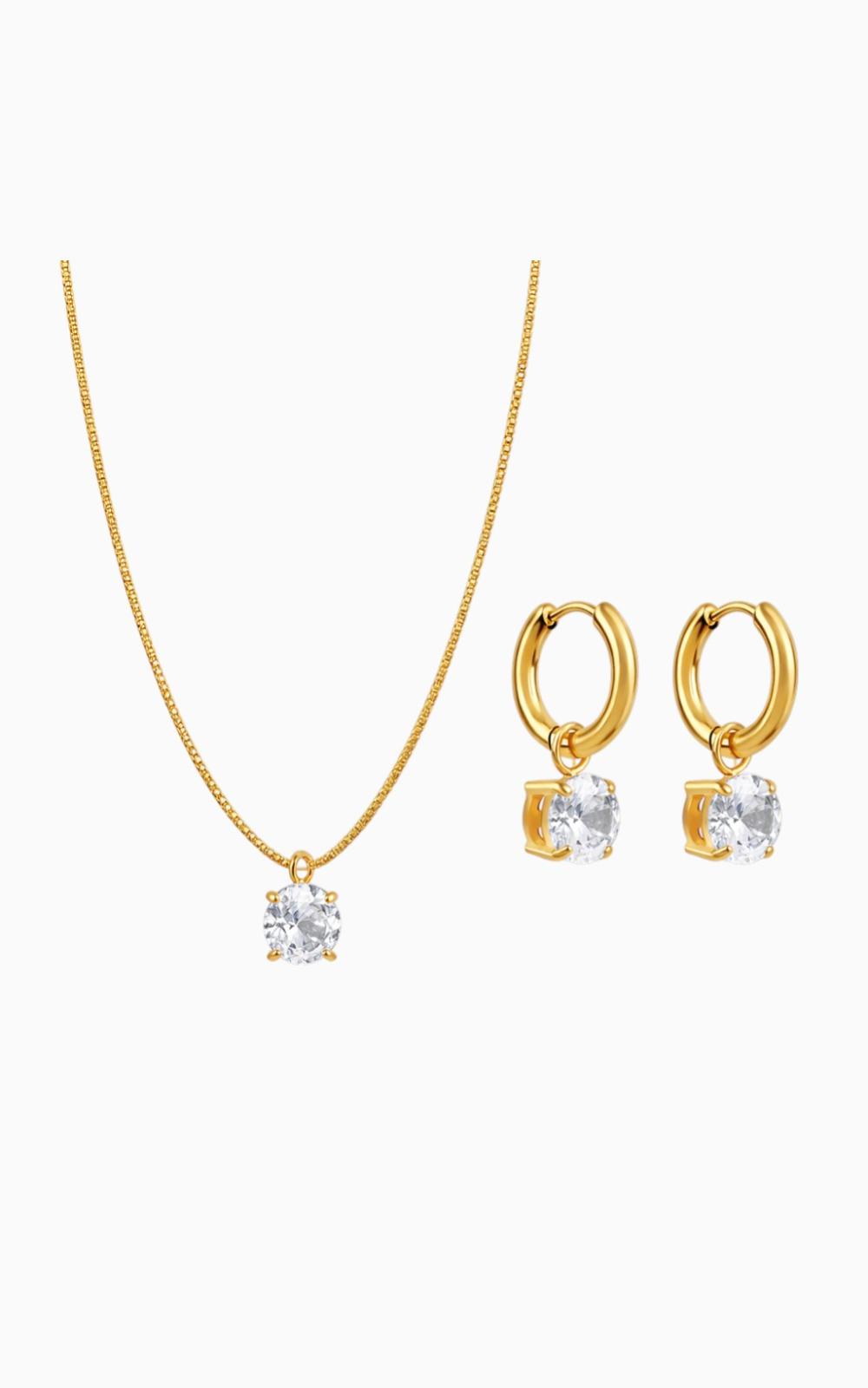 18K Gold Plated Solitaire Pendant Necklace & Hoop Earrings Set for Women