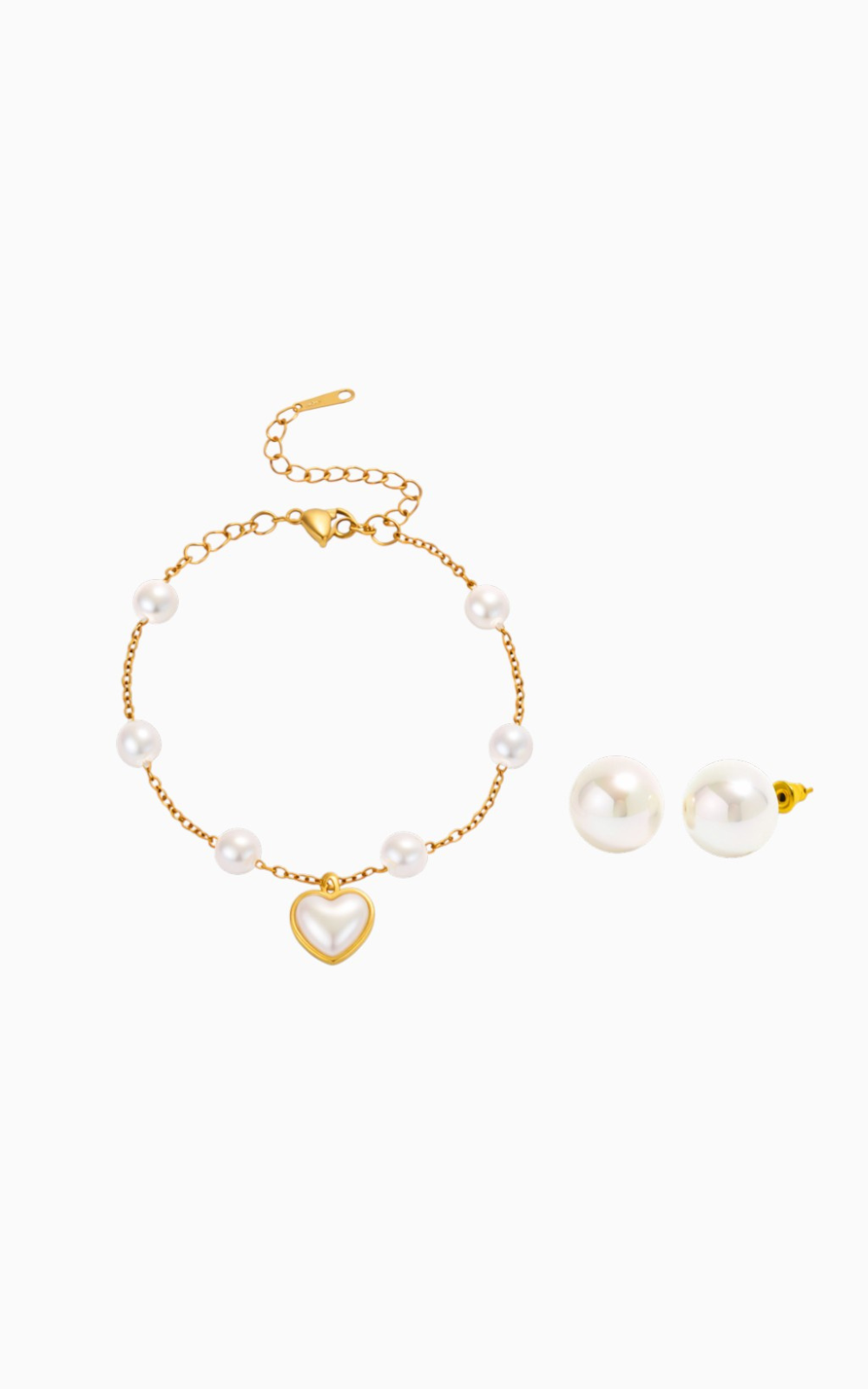 18K Gold Plated Pearl Heart Bracelet and Stud Earrings Set