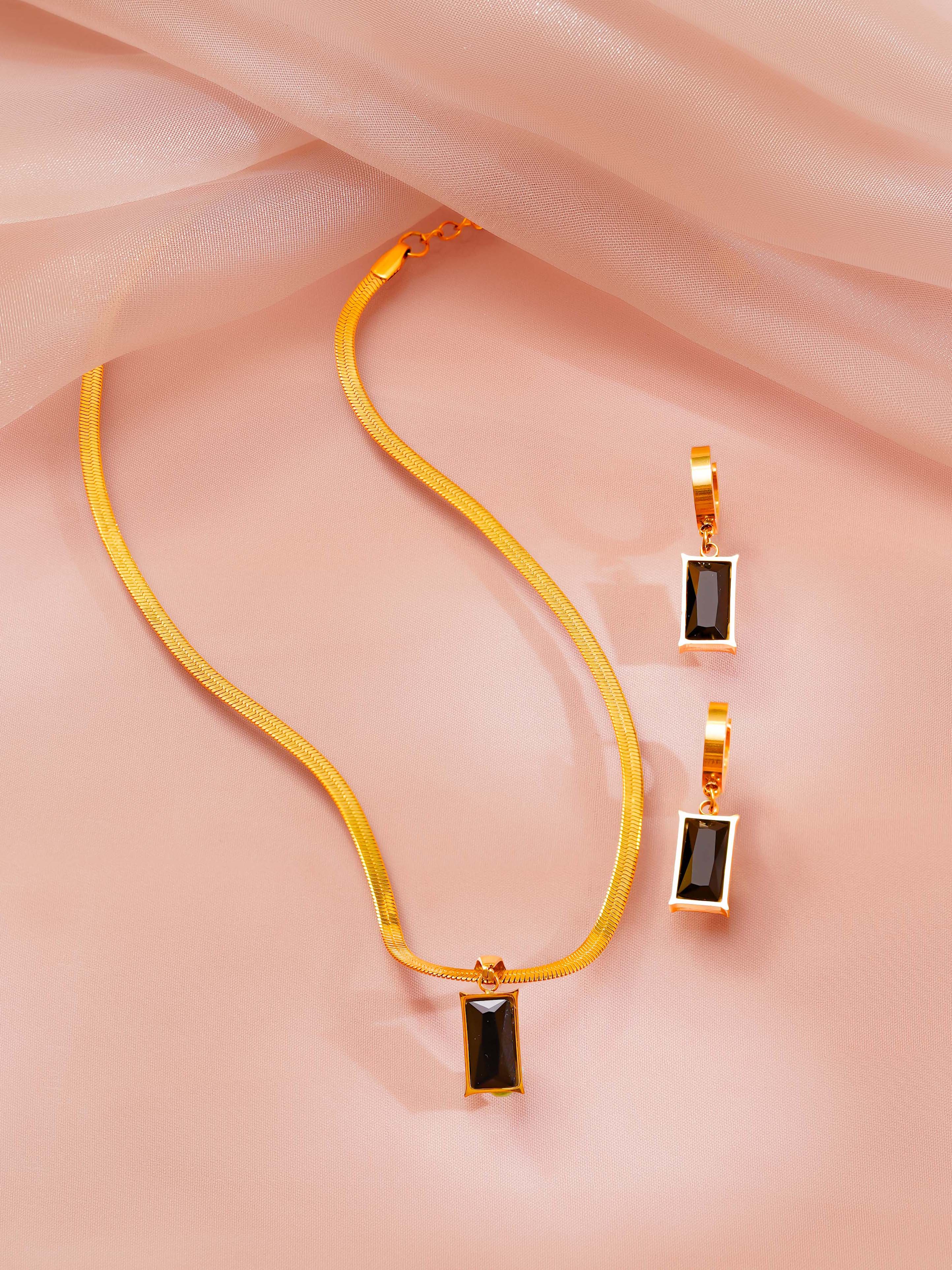 18K Gold Plated Black Stone Pendant Necklace and Drop Earrings Set