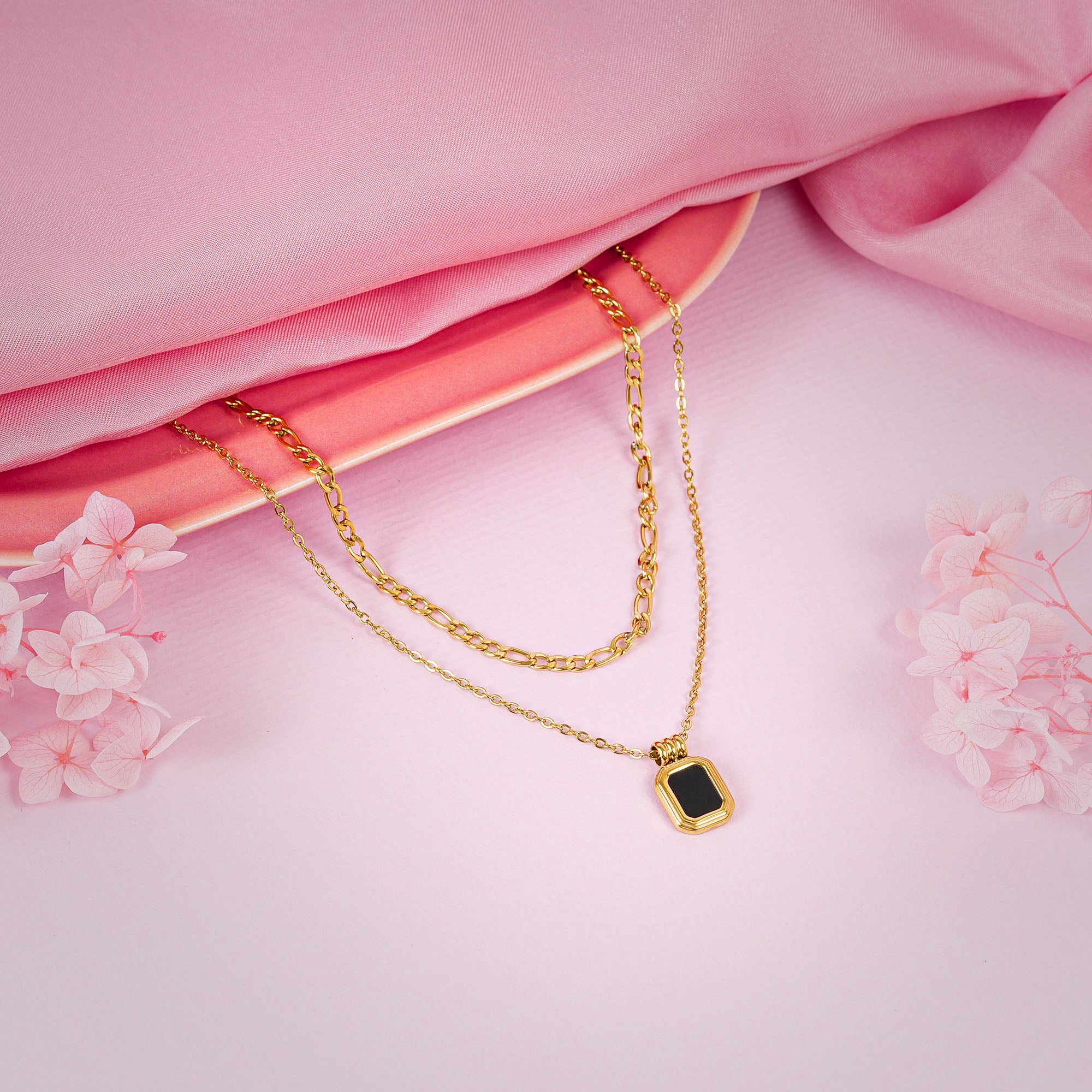 18K Gold Plated Black Onyx Double Layered Necklace