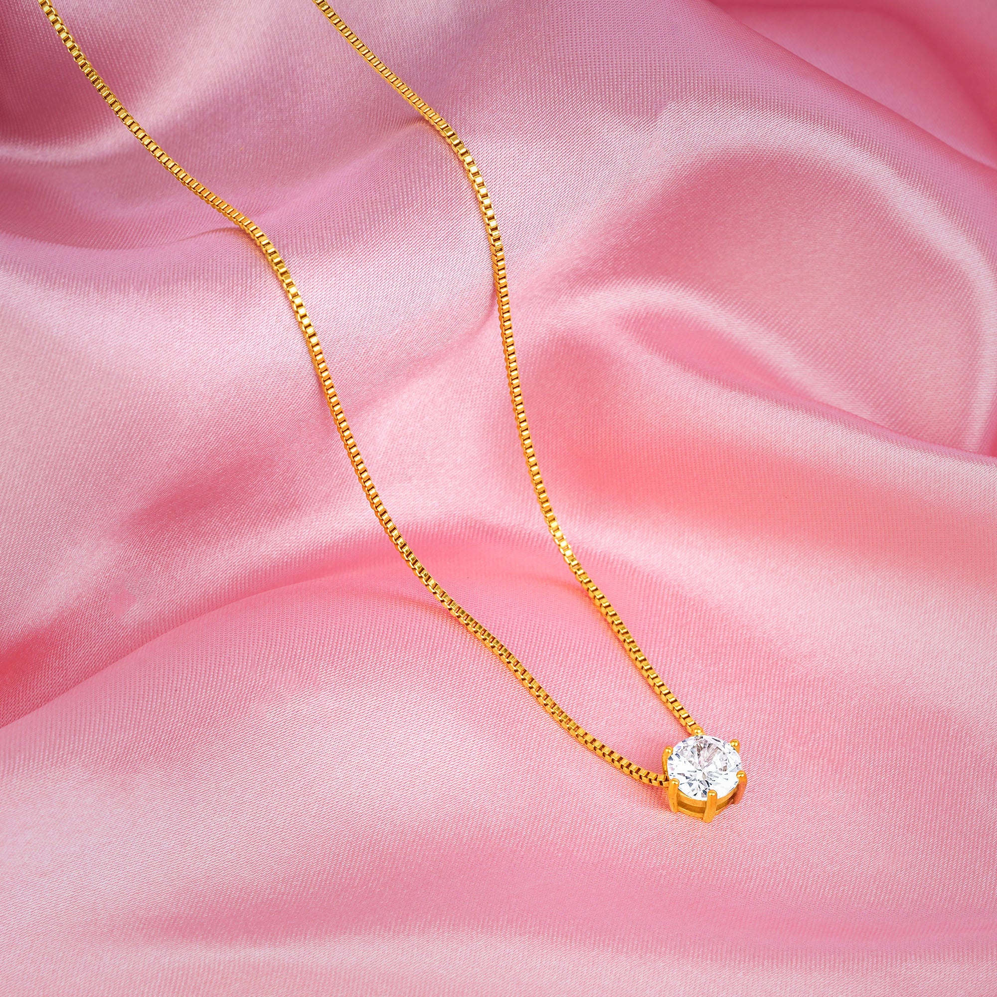 18K Gold Plated Solitaire Pendant Necklace & Hoop Earrings Set for Women