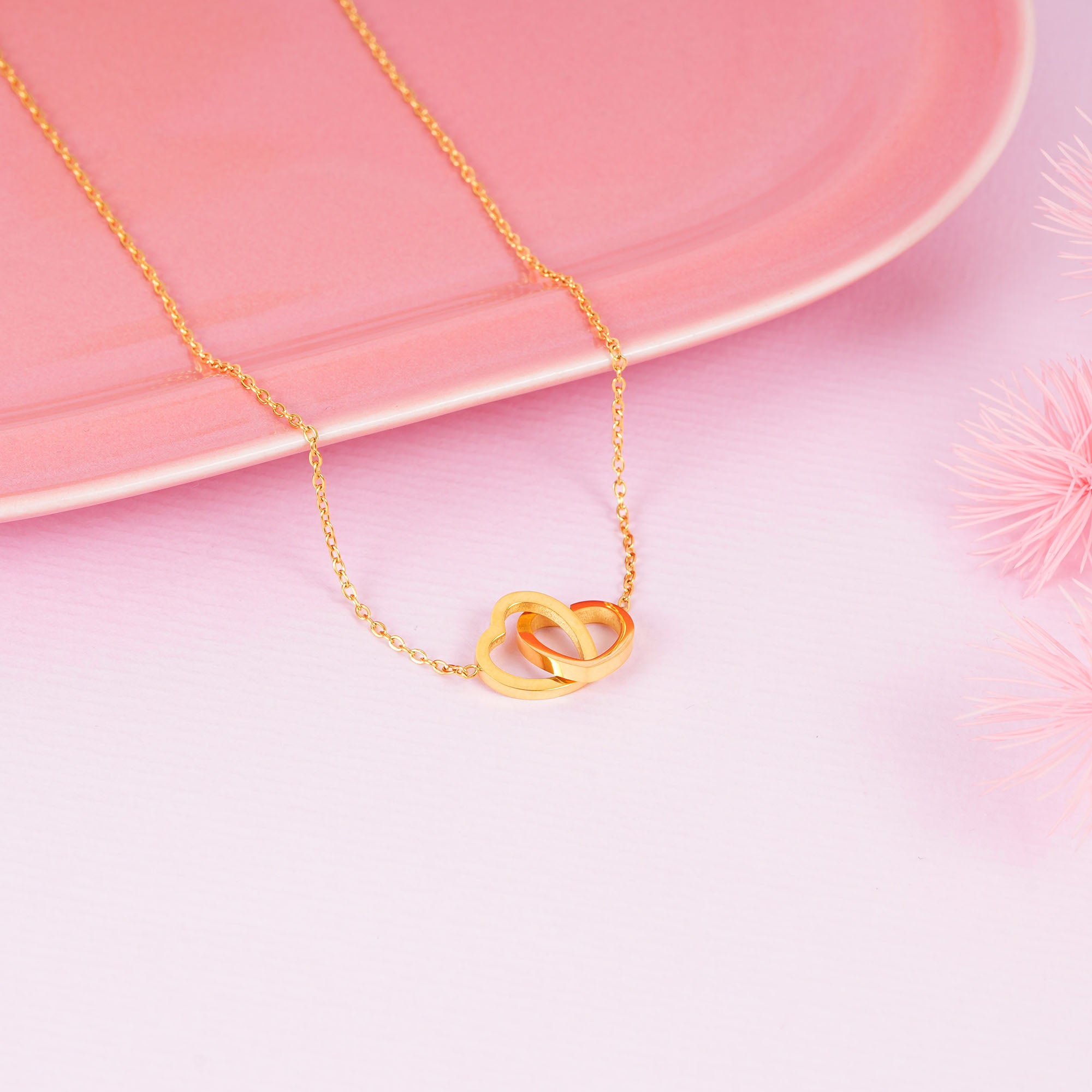 18K Gold Plated Interlock Double Heart Necklace