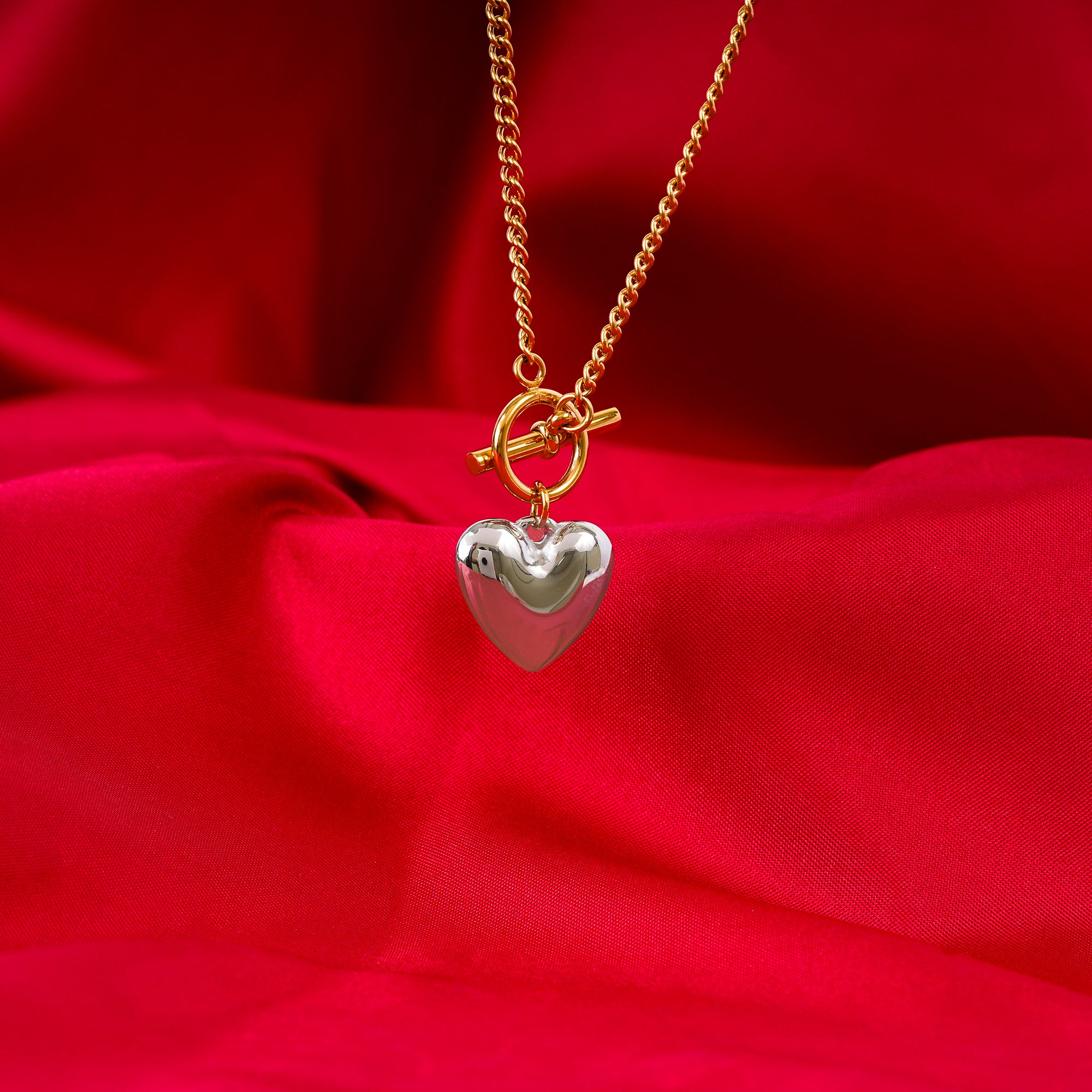 18K Two-Tone Plated Heavy Love Heart Pendant Necklace