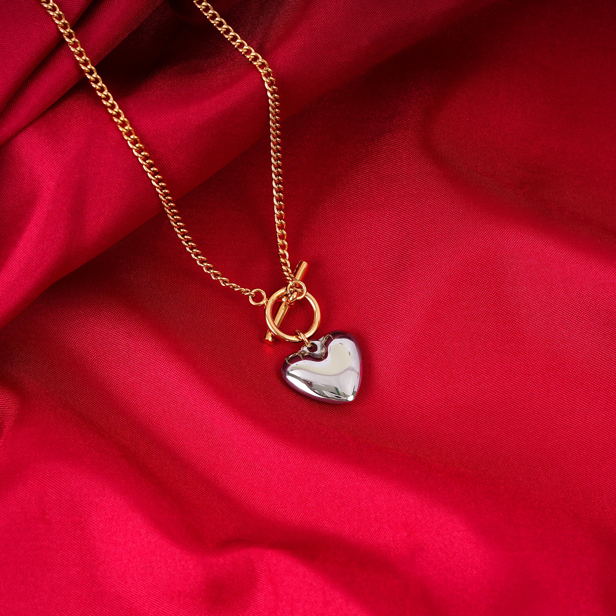 18K Two-Tone Plated Heavy Love Heart Pendant Necklace