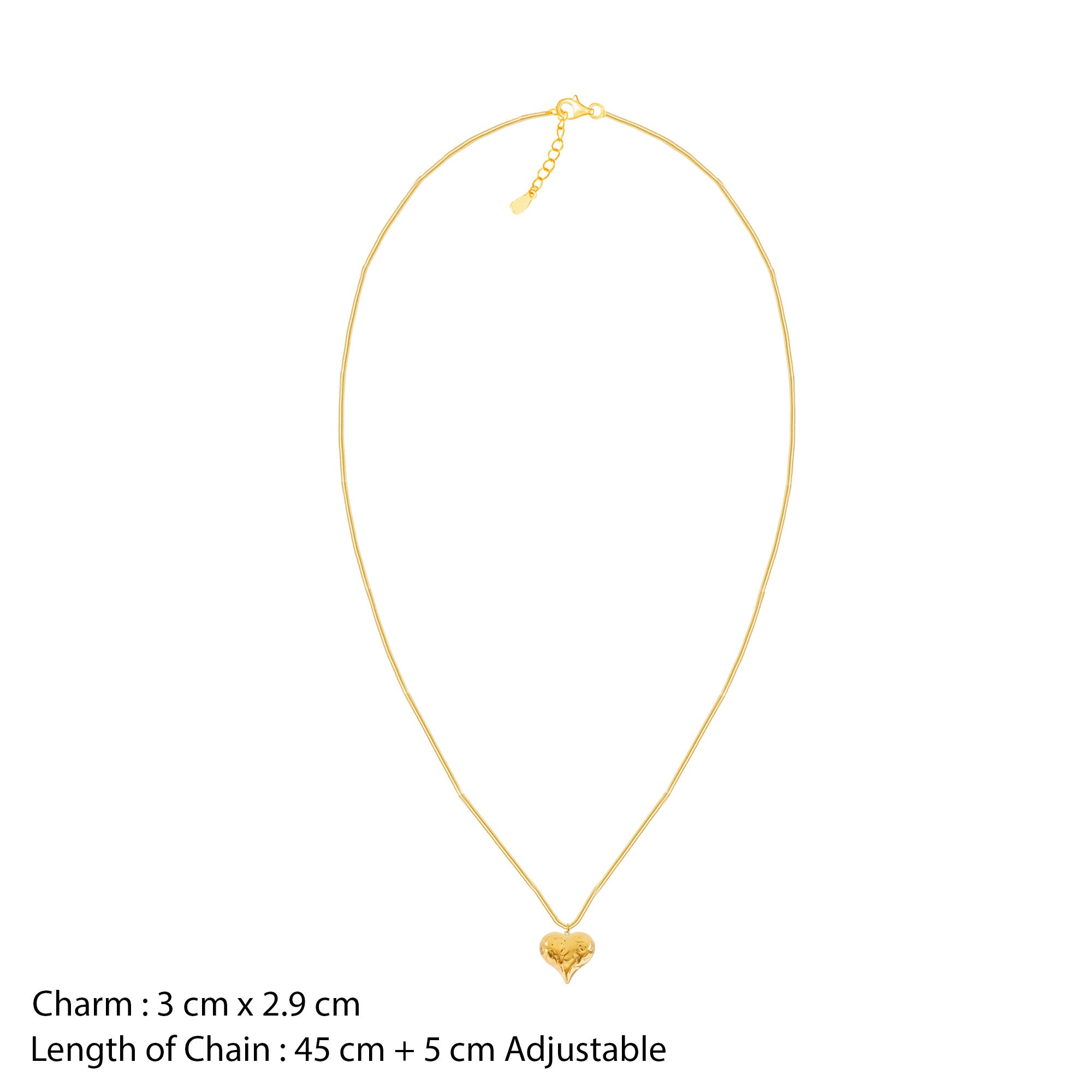 Gold necklace with a heart-shaped charm on a white background