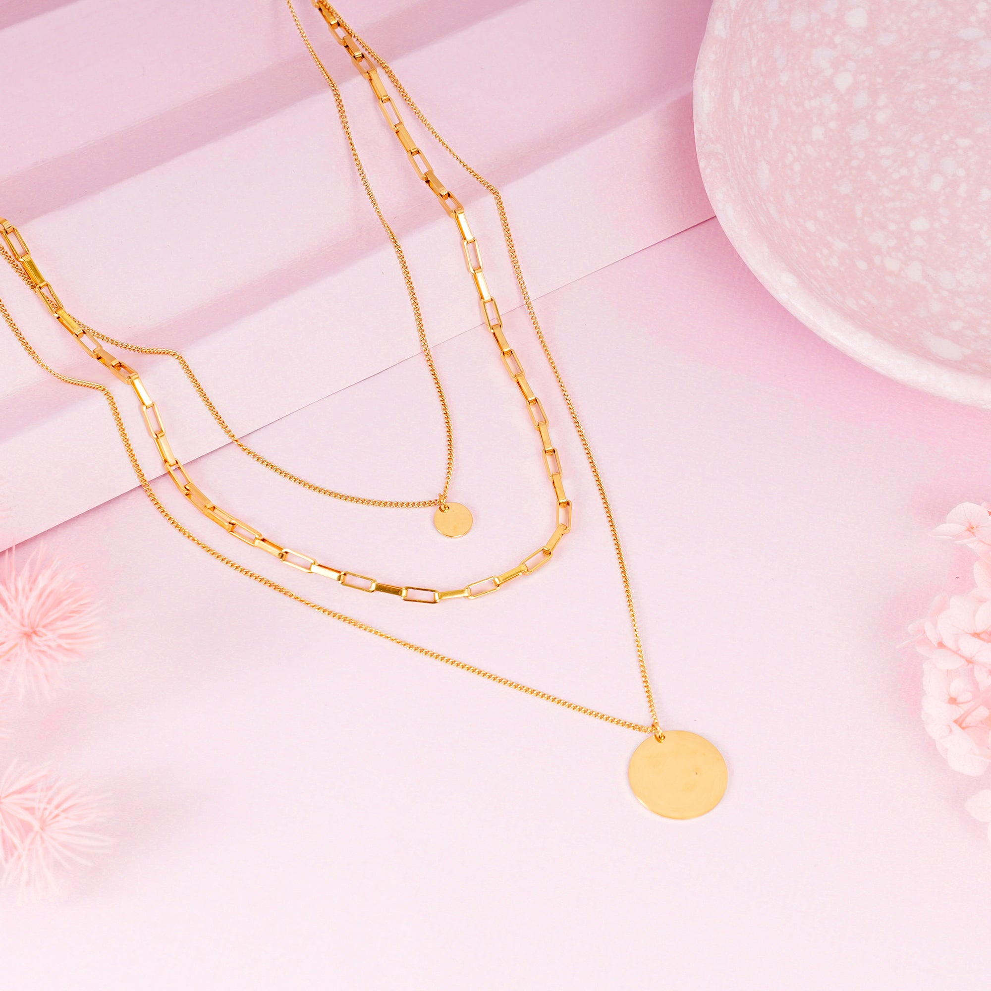 18K Gold Plated Triple Layer Stacked Coin Pendant Gold Statement Necklace