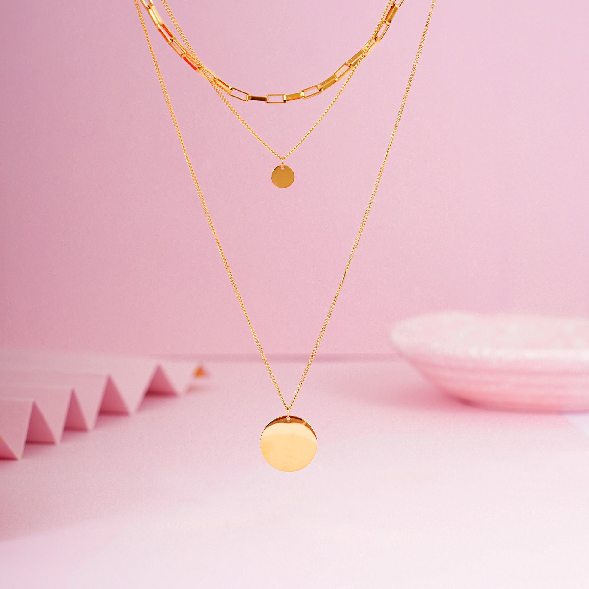 18K Gold Plated Triple Layer Stacked Coin Pendant Gold Statement Necklace