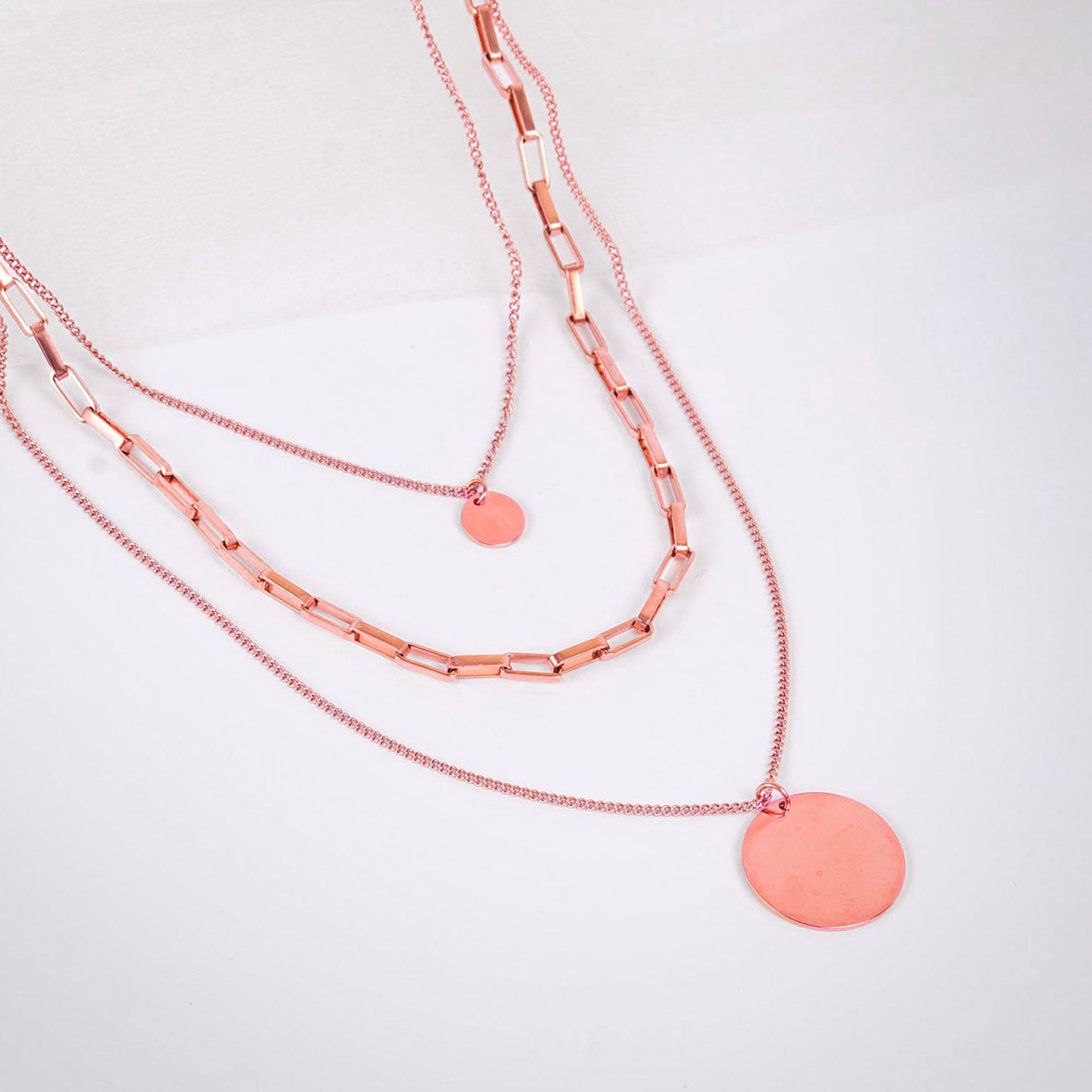 18K Rose Gold Plated Triple Layer Stacked Coin Pendant Rose Gold Statement Necklace