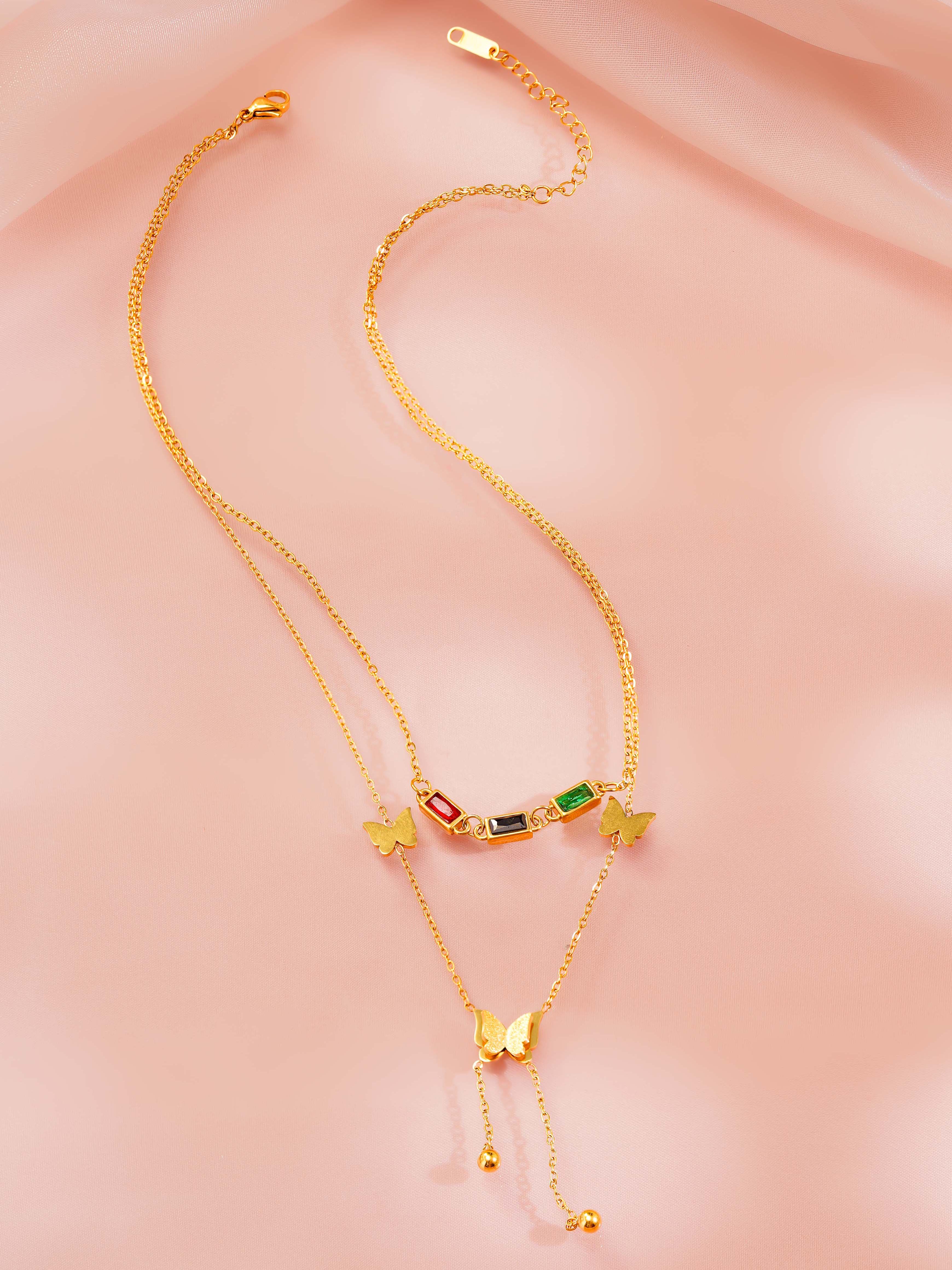 18K Gold Plated Multi Coloured Stone Butterfly Layered Necklace