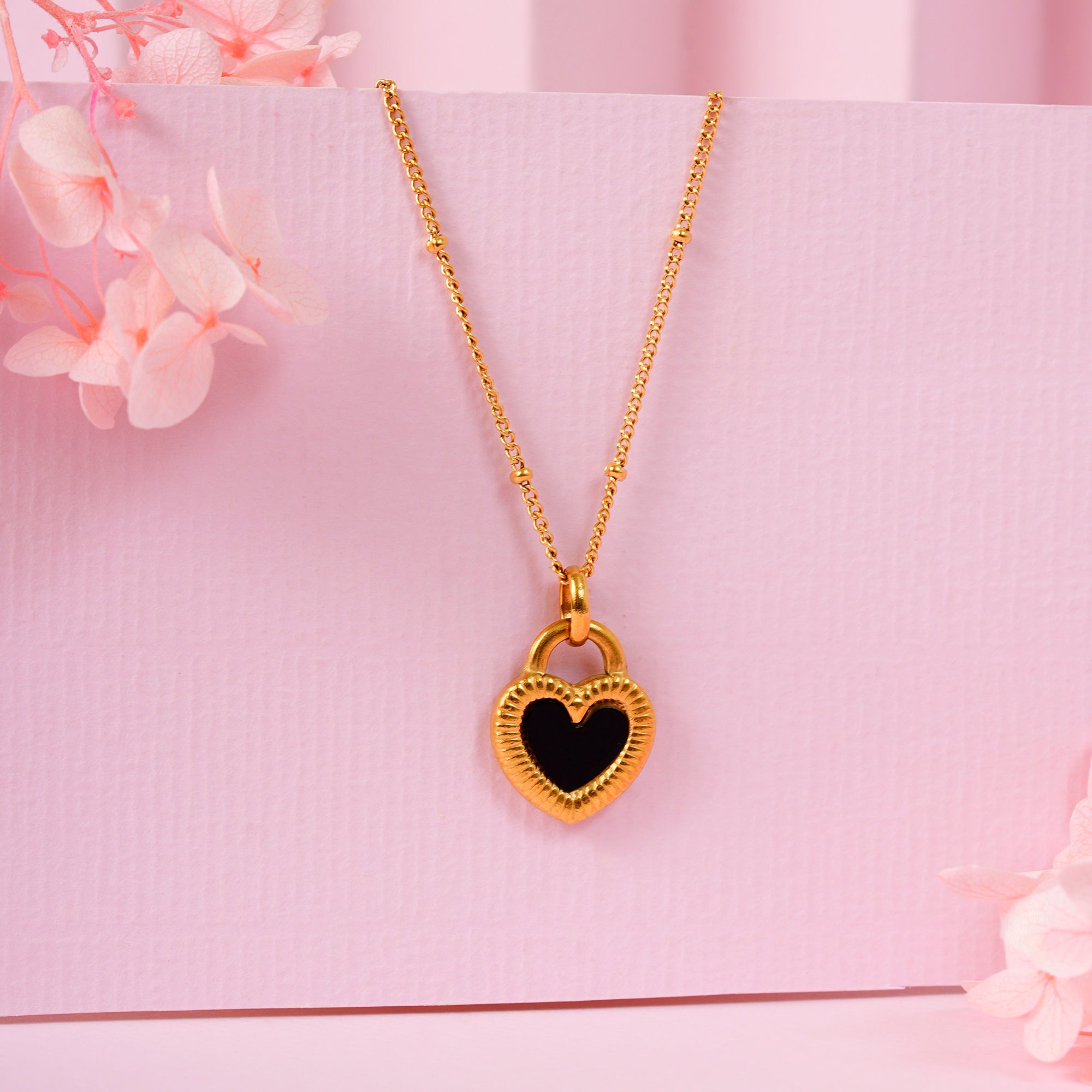 18K Gold Plated Two Sides of Love - Black & White Heart Pendant Necklace