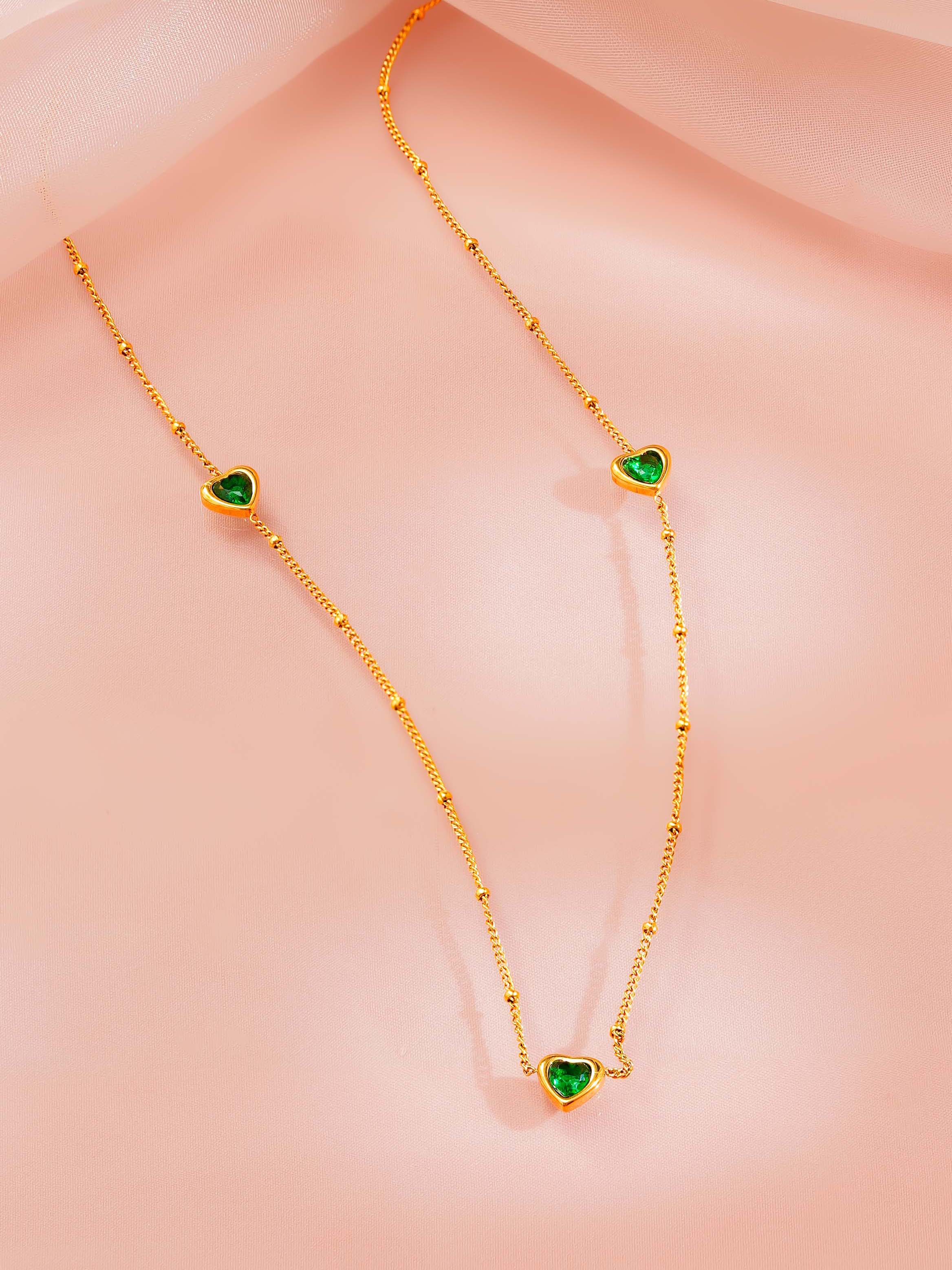 18K Gold Plated Green Heart Station Necklace