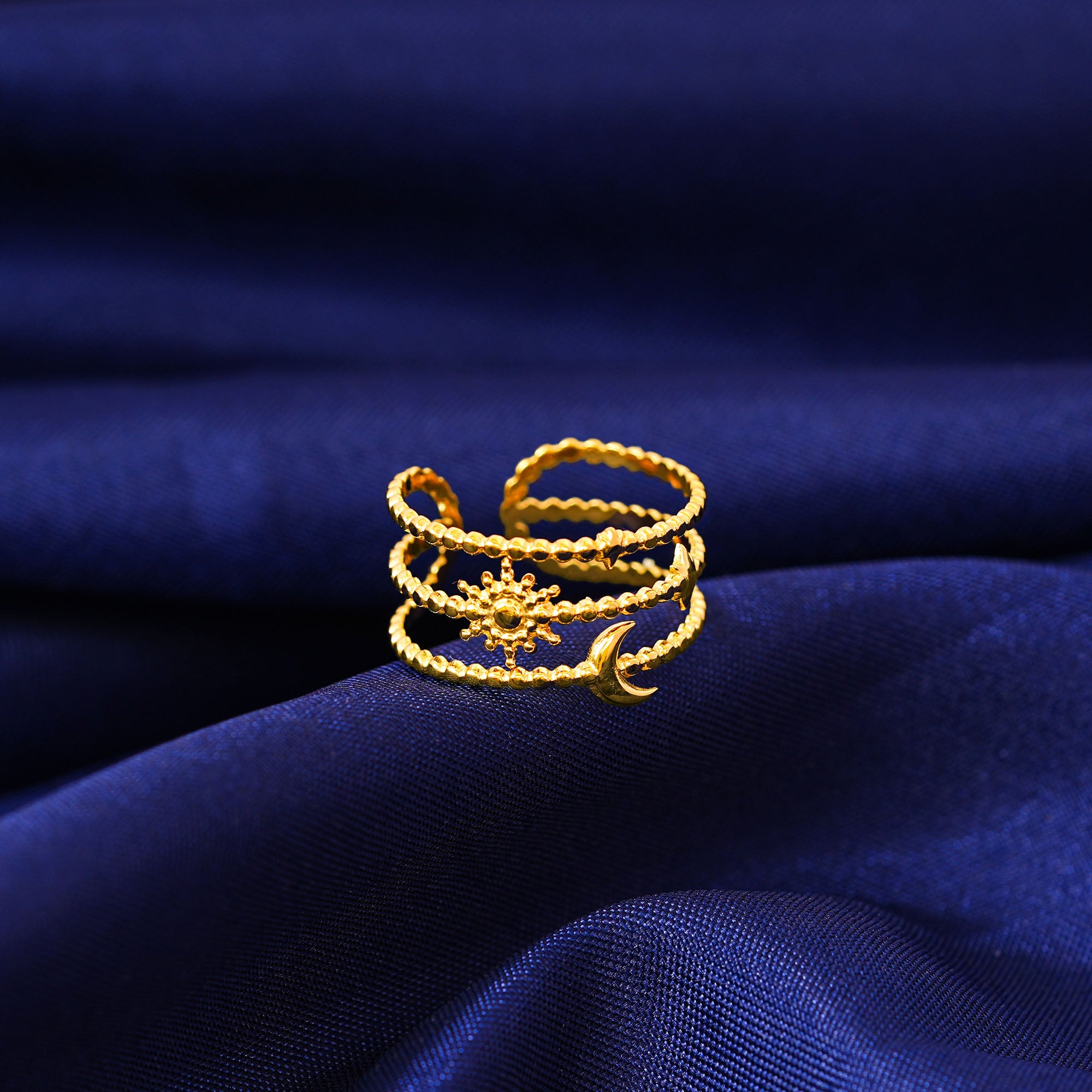 18K Gold Plated Triple Layered Moon & Star Adjustable Ring