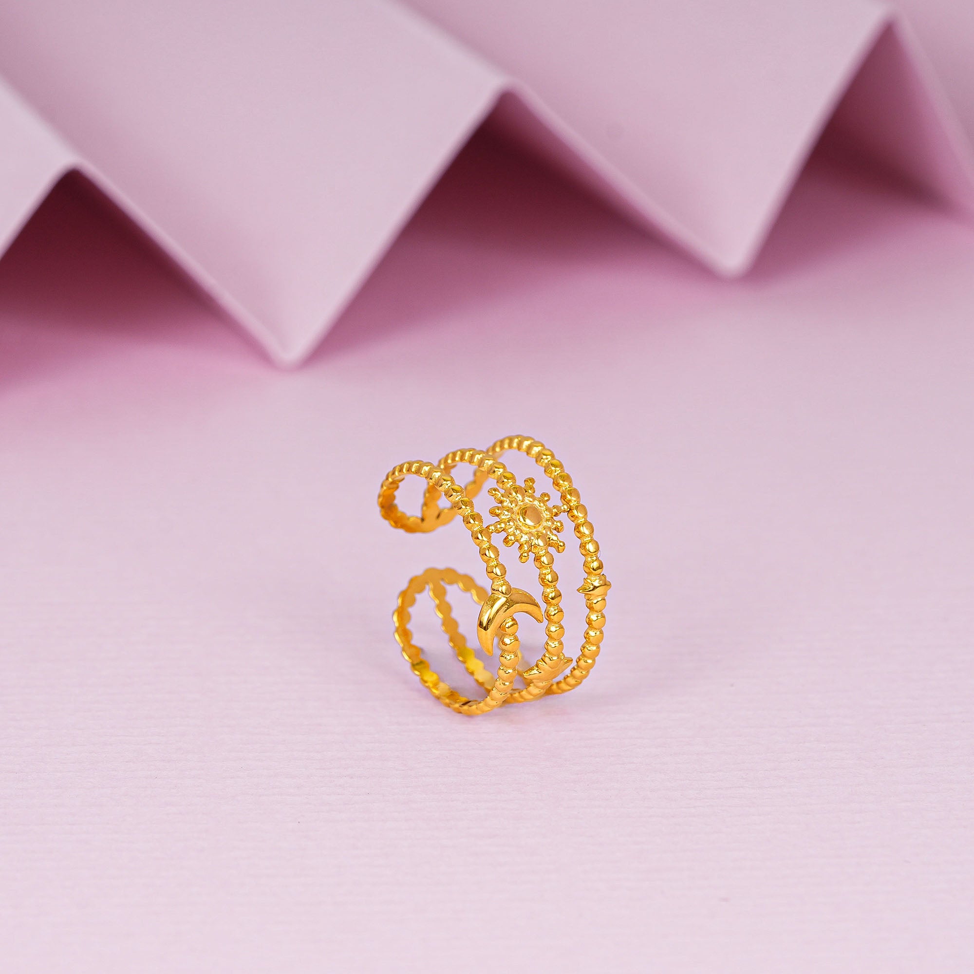 18K Gold Plated Triple Layered Moon & Star Adjustable Ring