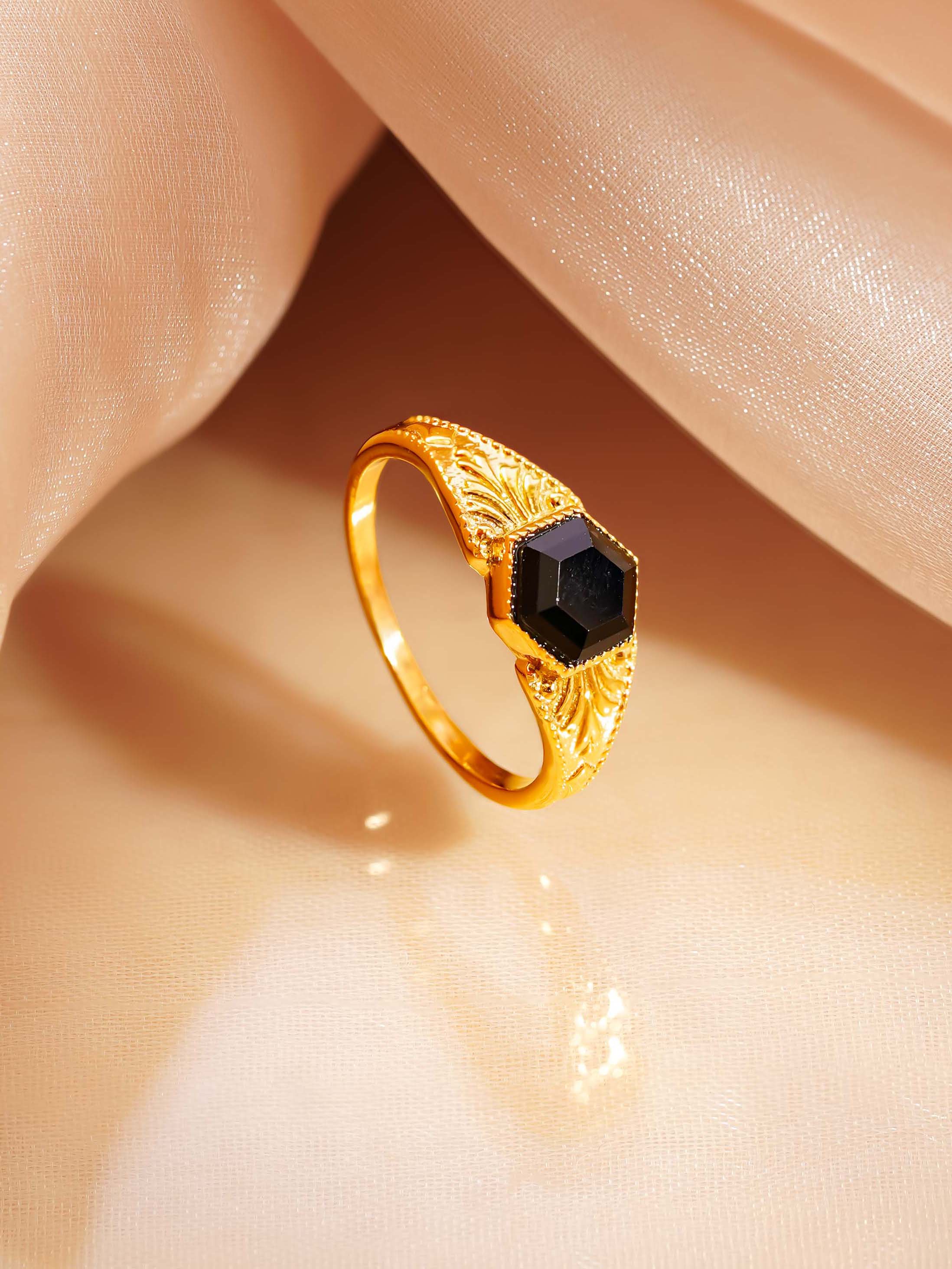 18K Gold Plated Black Stone Statement Ring