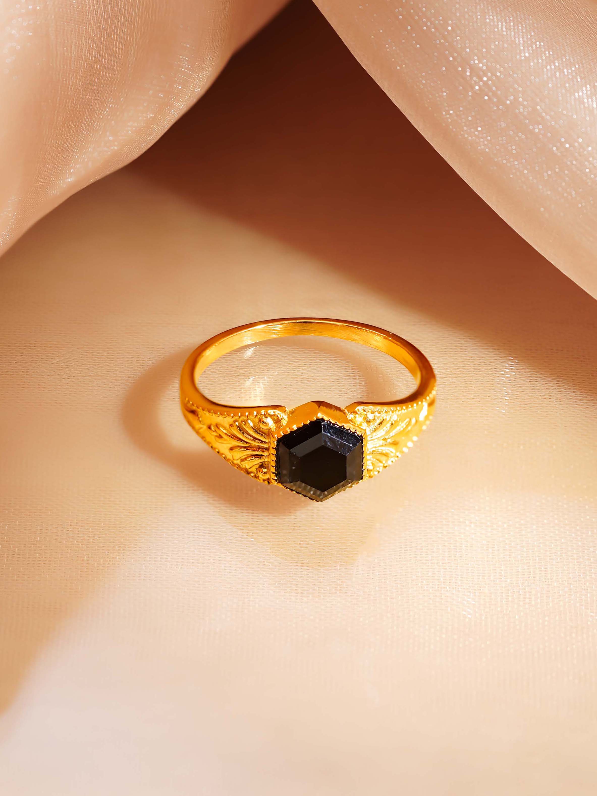 18K Gold Plated Black Stone Statement Ring