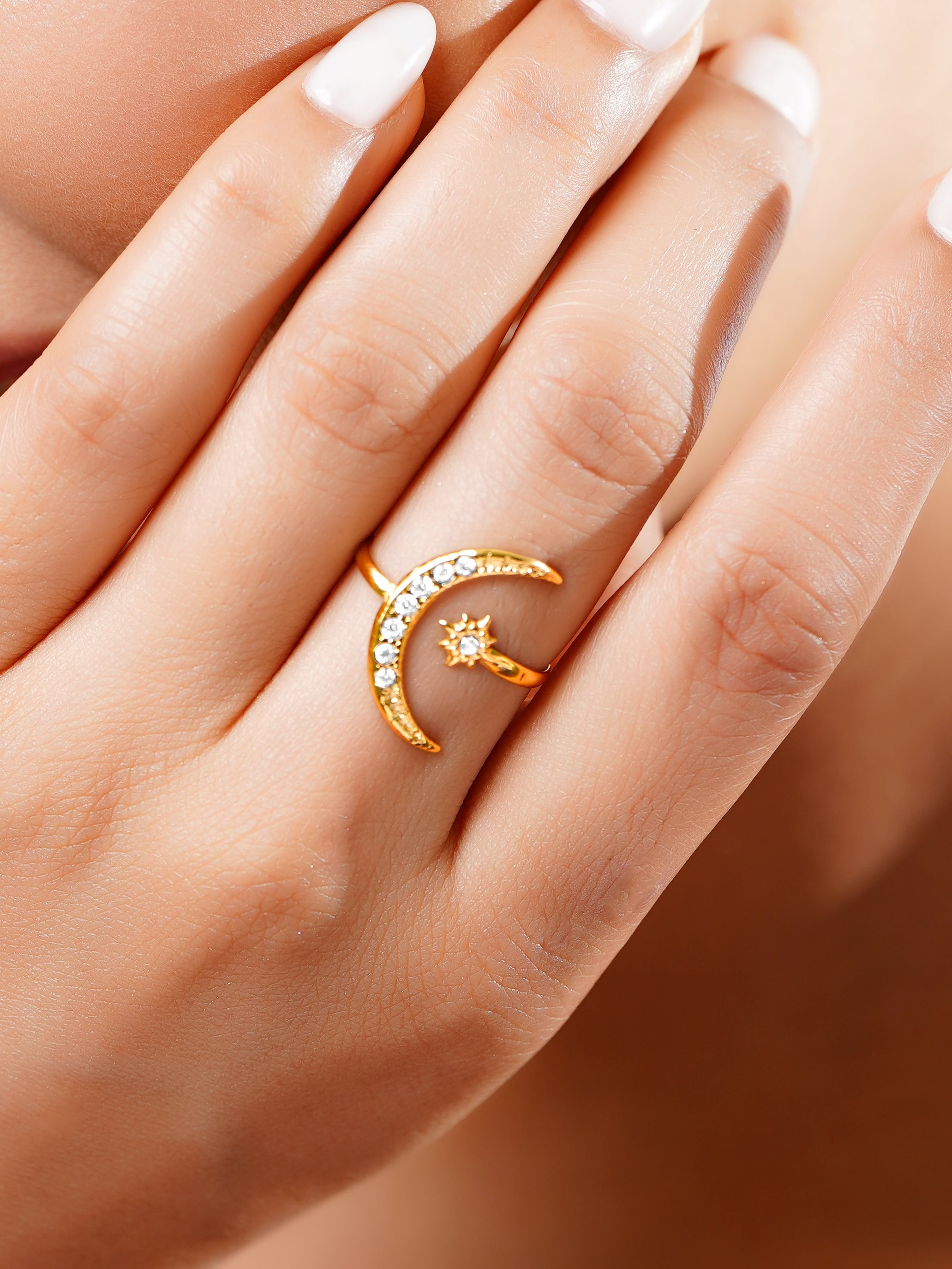 18K Gold Plated Crescent Moon & Star Open Ring