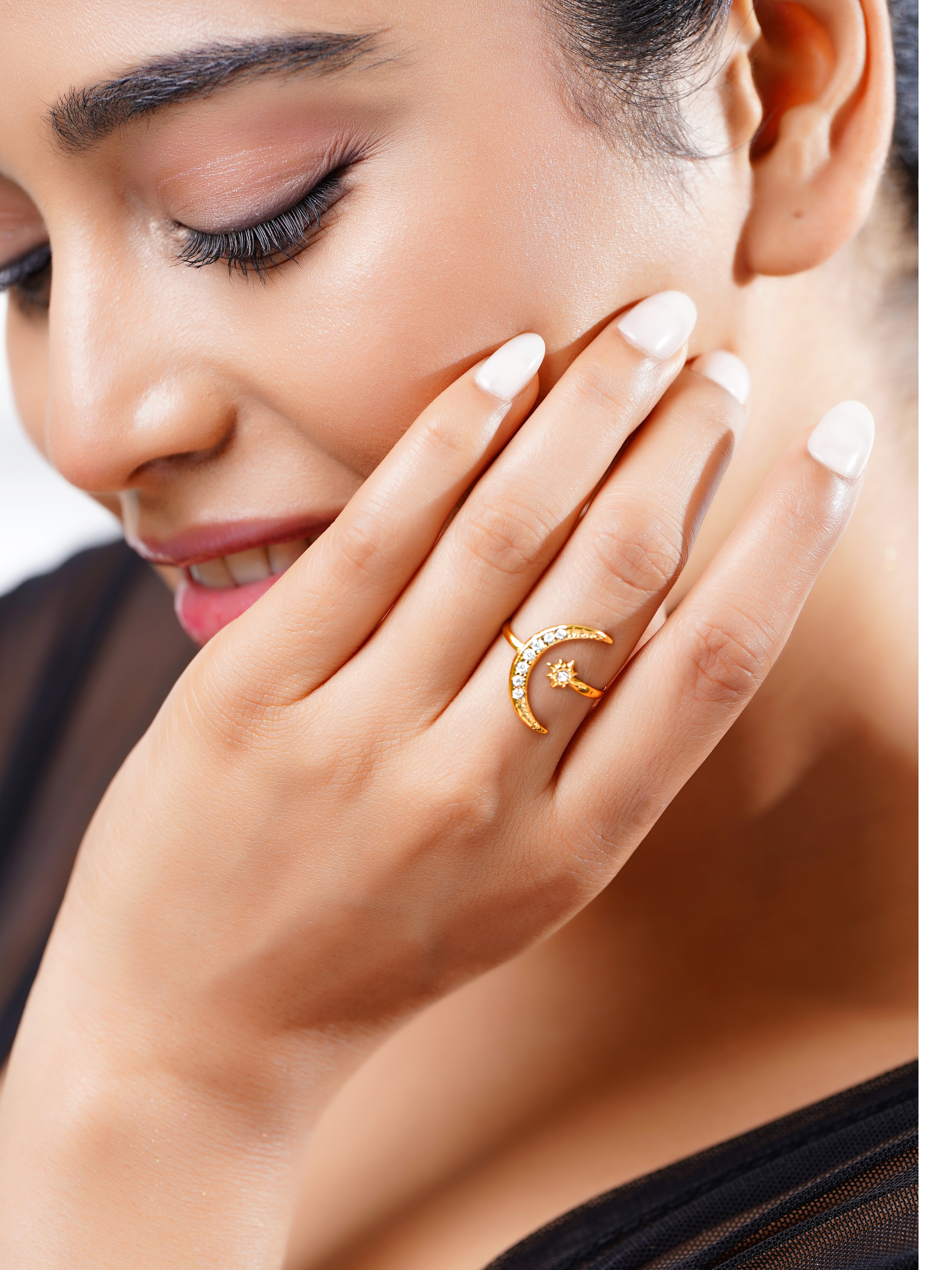18K Gold Plated Crescent Moon & Star Open Ring