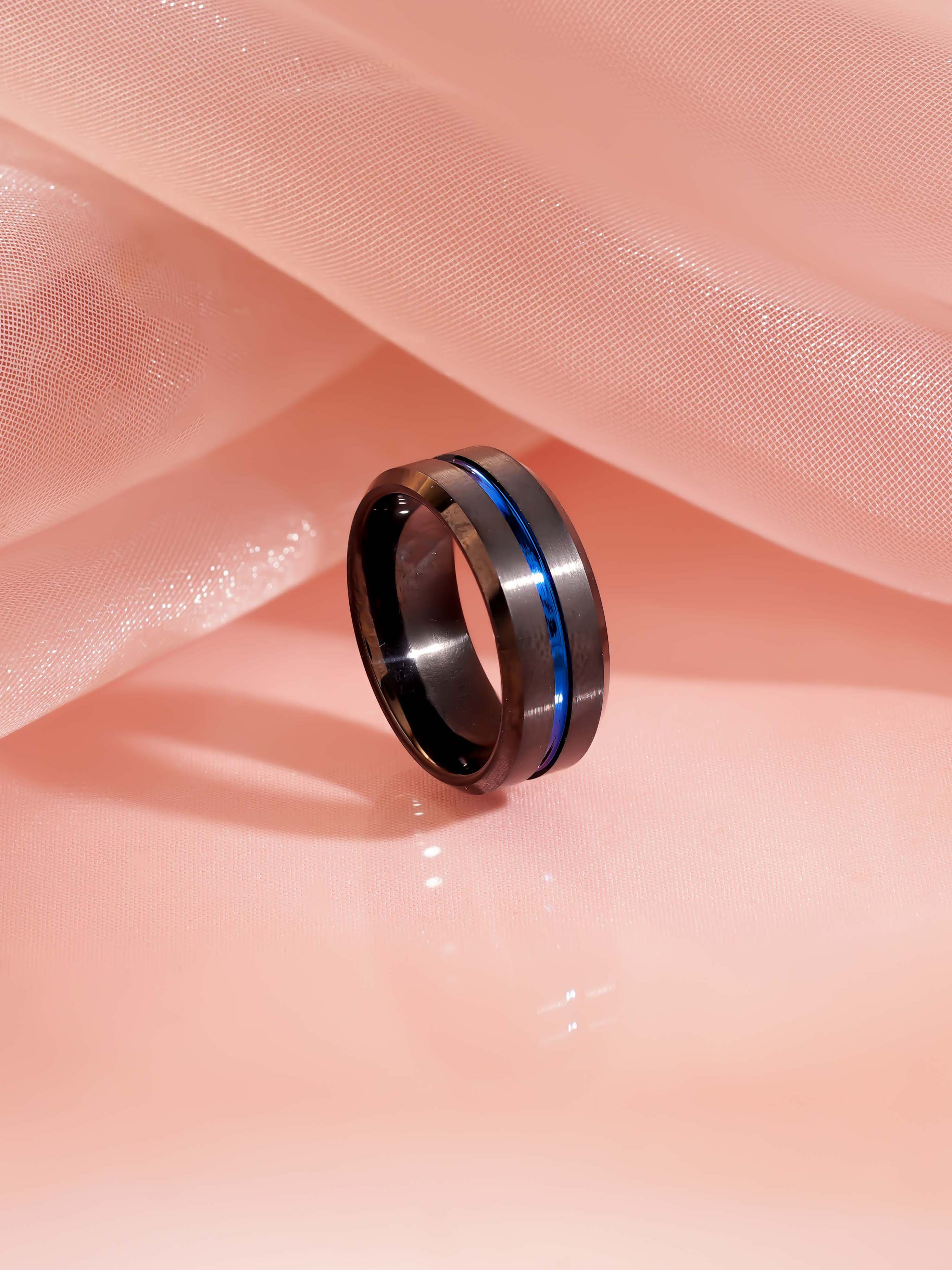 Black Tungsten Men’s Ring with Blue Inlay for Mens