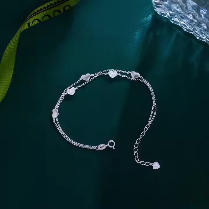 925 Sterling Silver Multi Layered Hearts Chain Bracelet