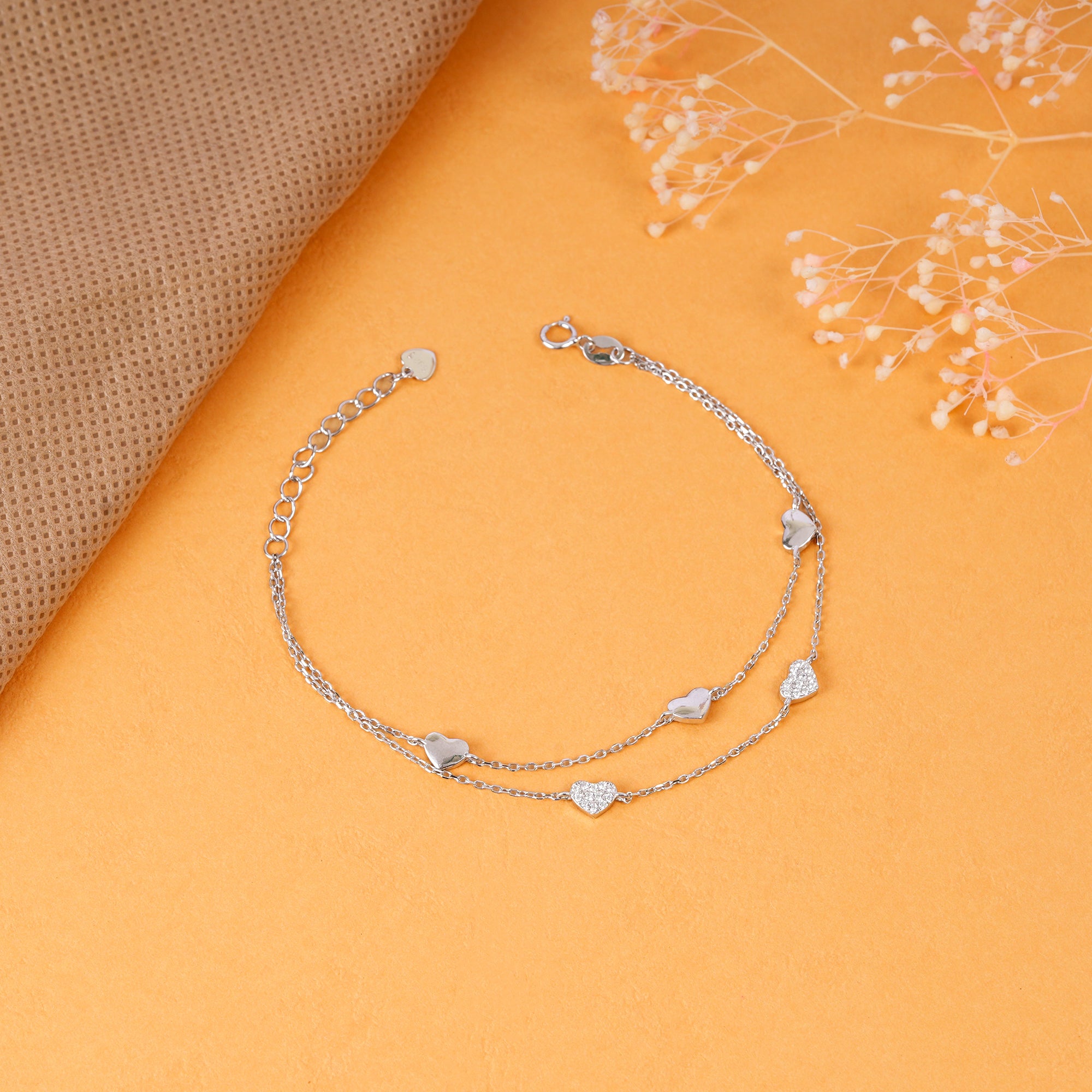 925 Sterling Silver Multi Layered Hearts Chain Bracelet