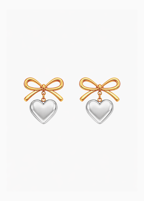 Heart Bow Earrings Two Tone