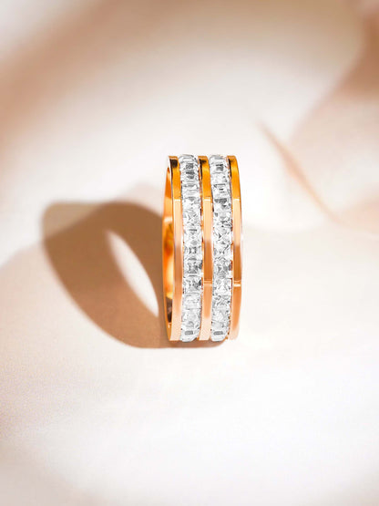 18K Gold Plated Twin Luxe CZ Studded Band Ring - Rose Gold