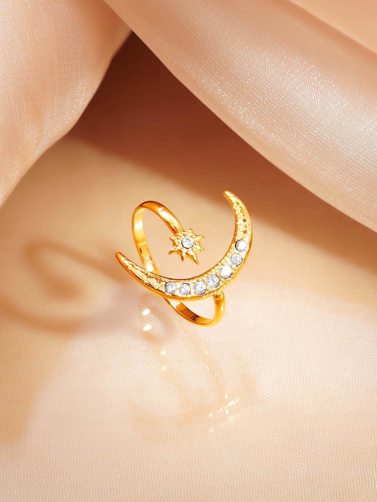 18K Gold Plated Crescent Moon &amp; Star Open Ring