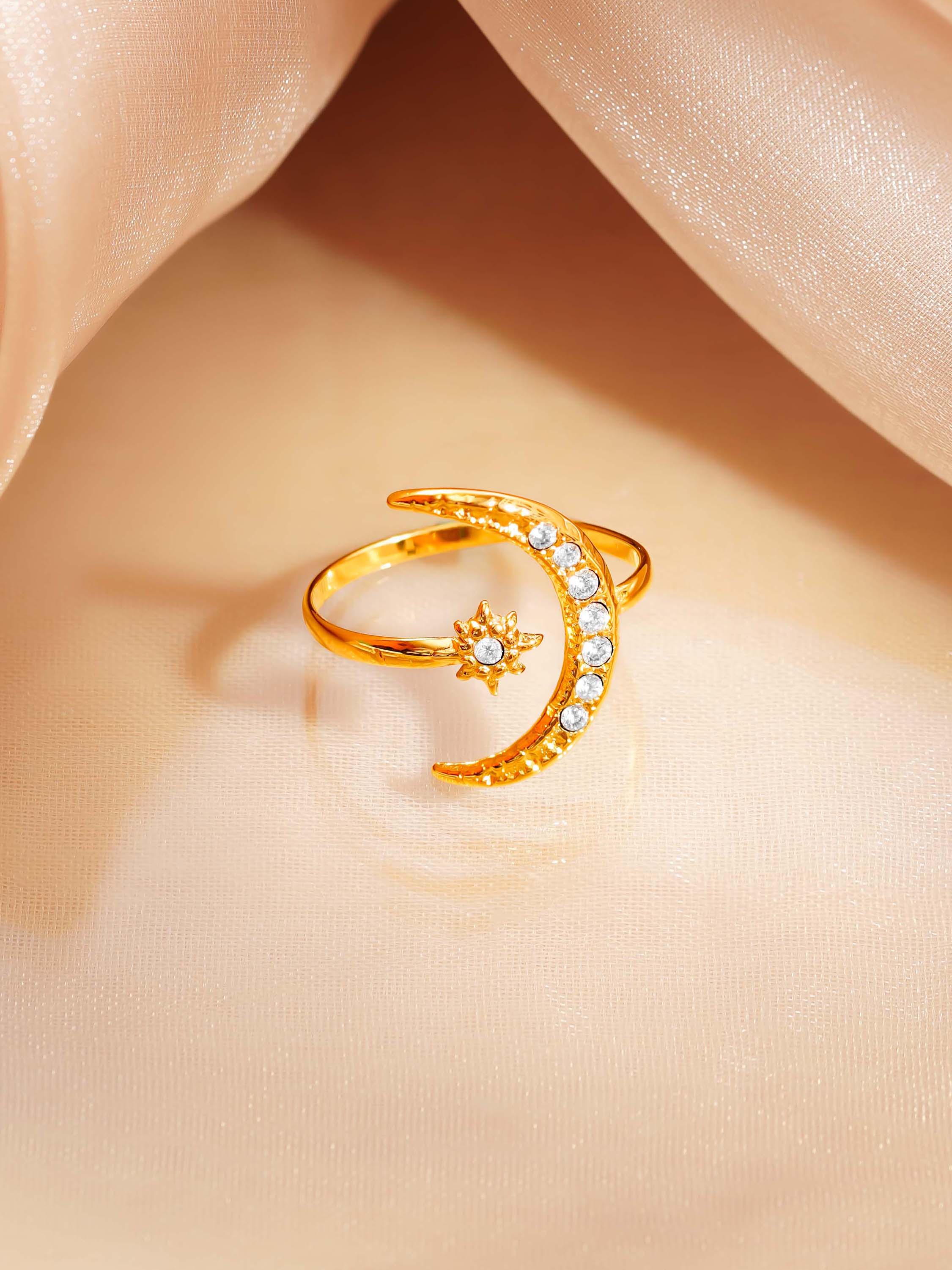 18K Gold Plated Crescent Moon &amp; Star Open Ring
