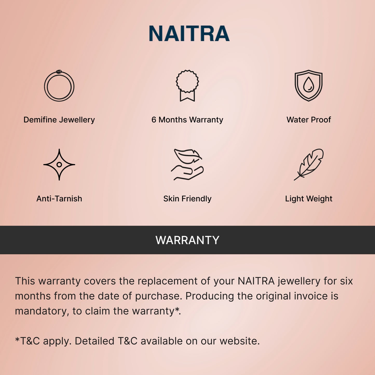 NAITRA product features and warranty information on a pink background